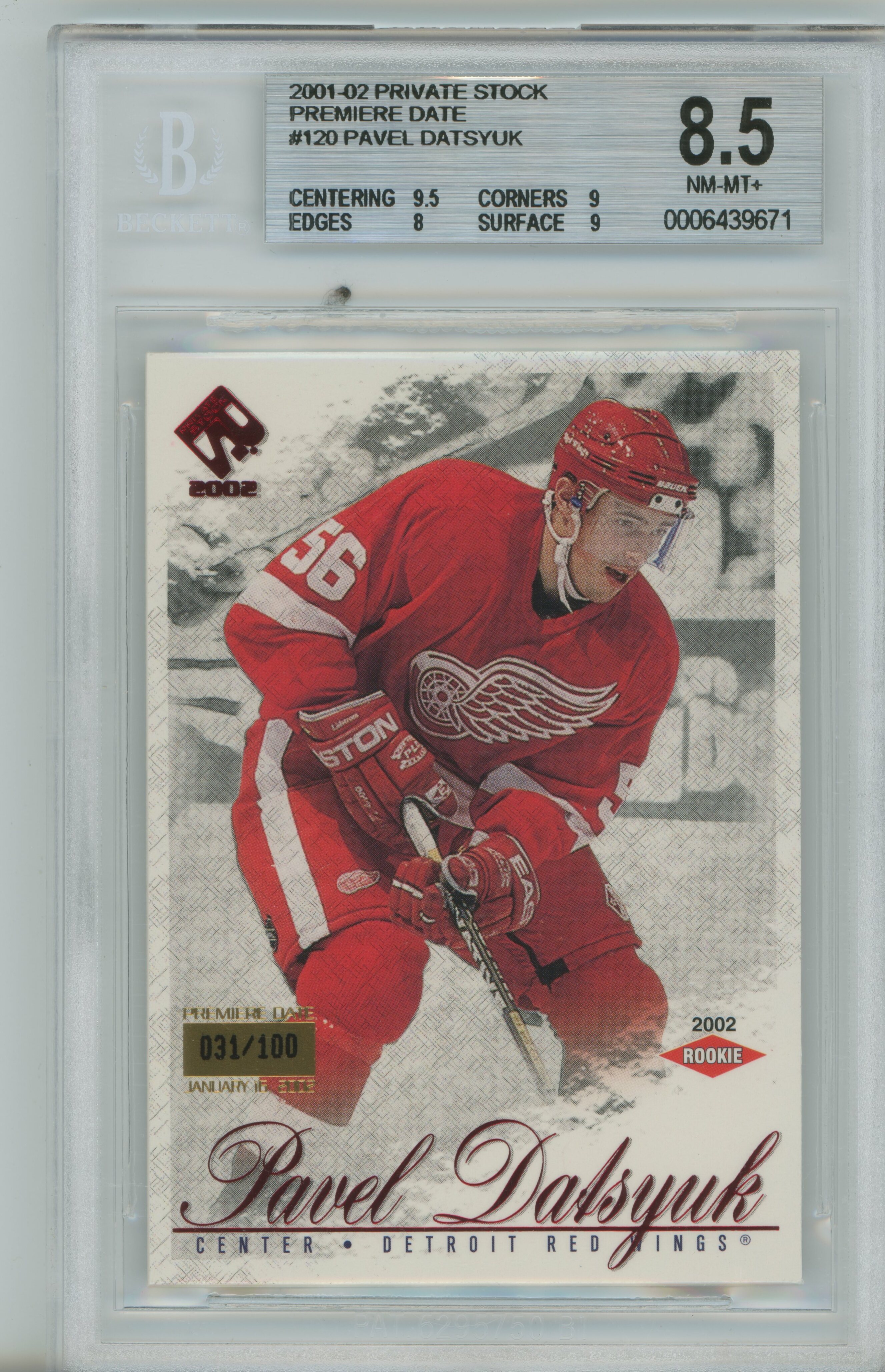 2001-02 Private Stock Premiere Date RC Pavel Datsyuk BGS 8.5