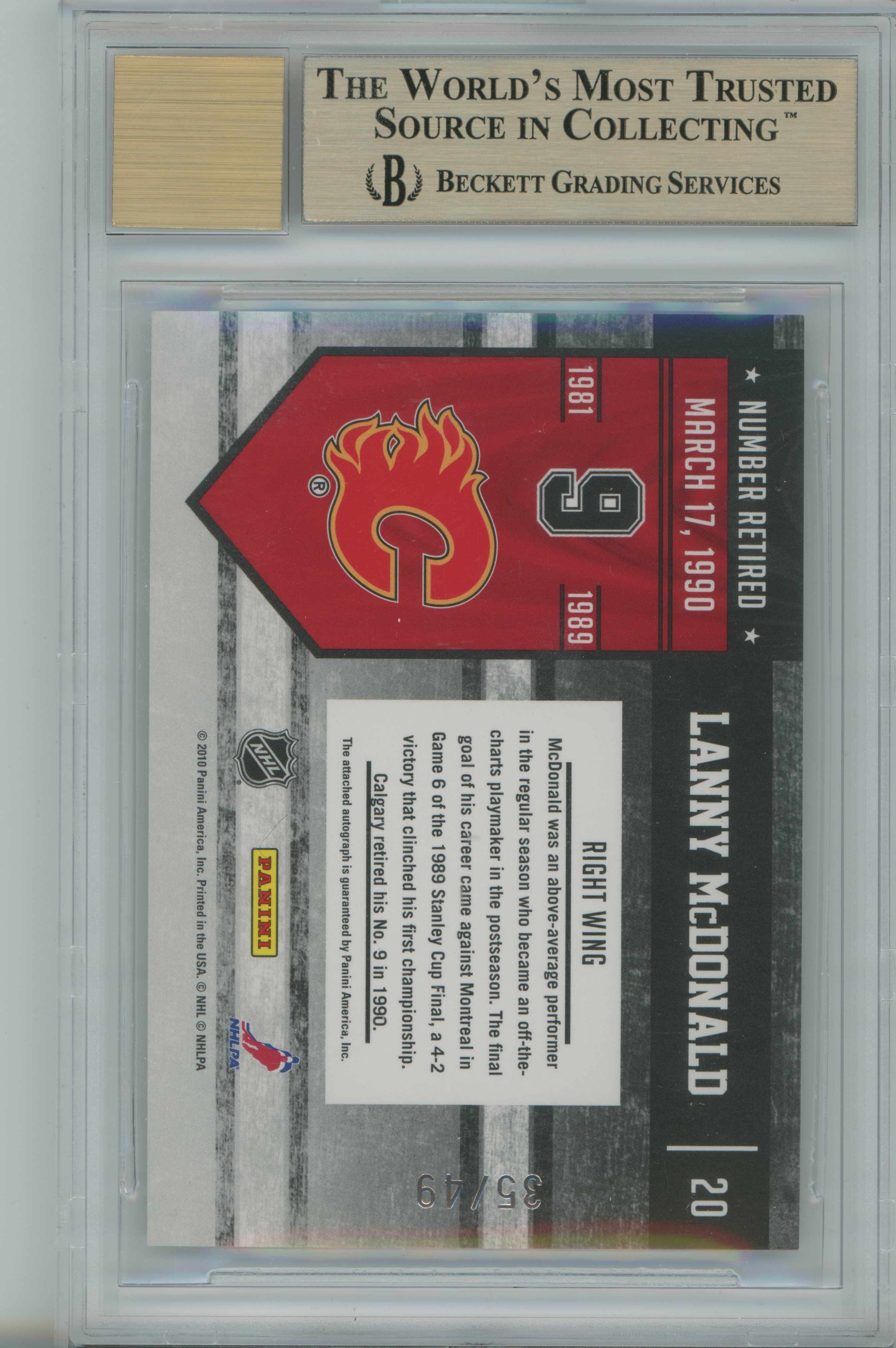 2010-11 Limited Retired Numbers Signatures Lanny McDonald Auto BGS 9.5