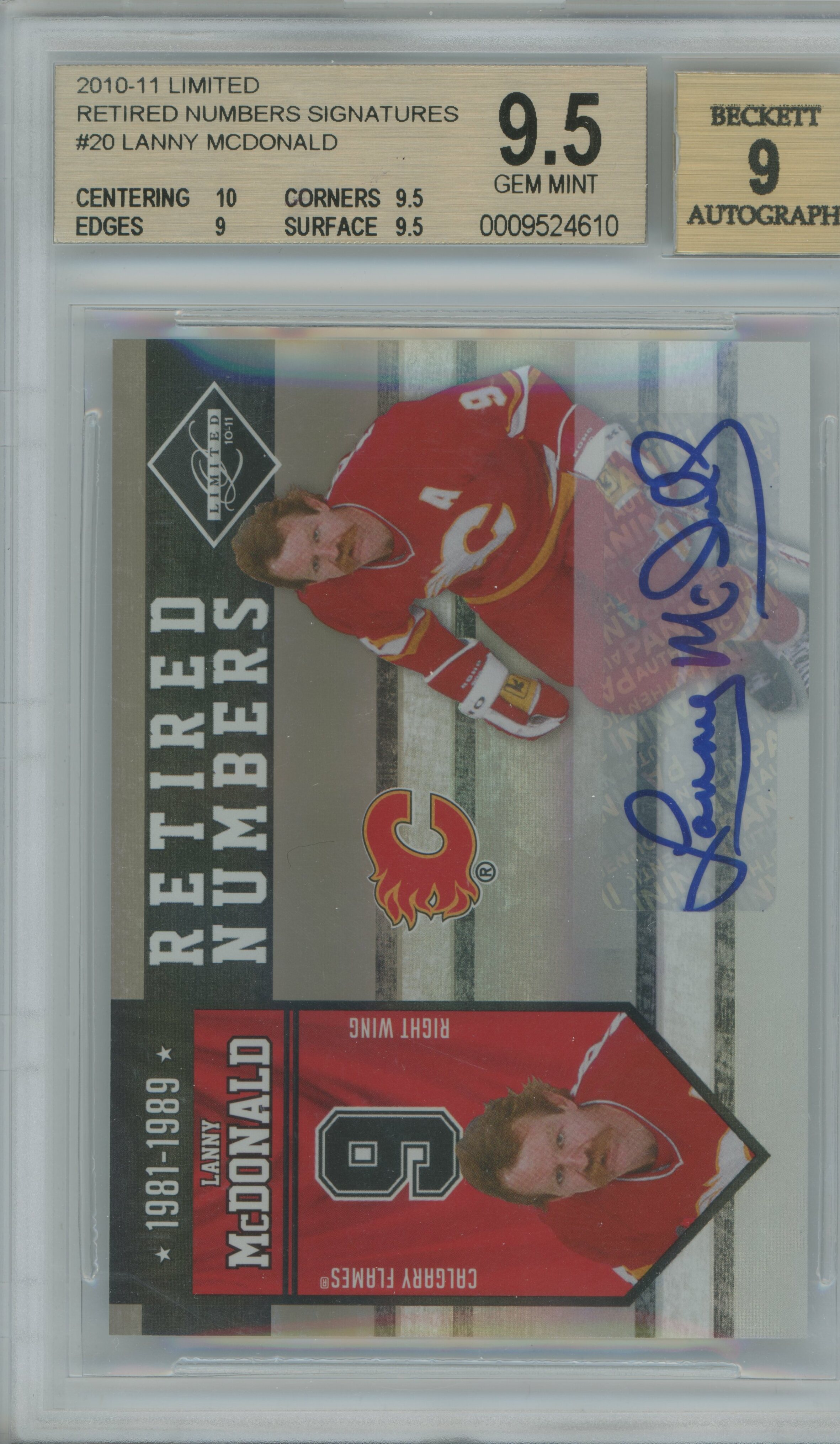 2010-11 Limited Retired Numbers Signatures Lanny McDonald Auto BGS 9.5