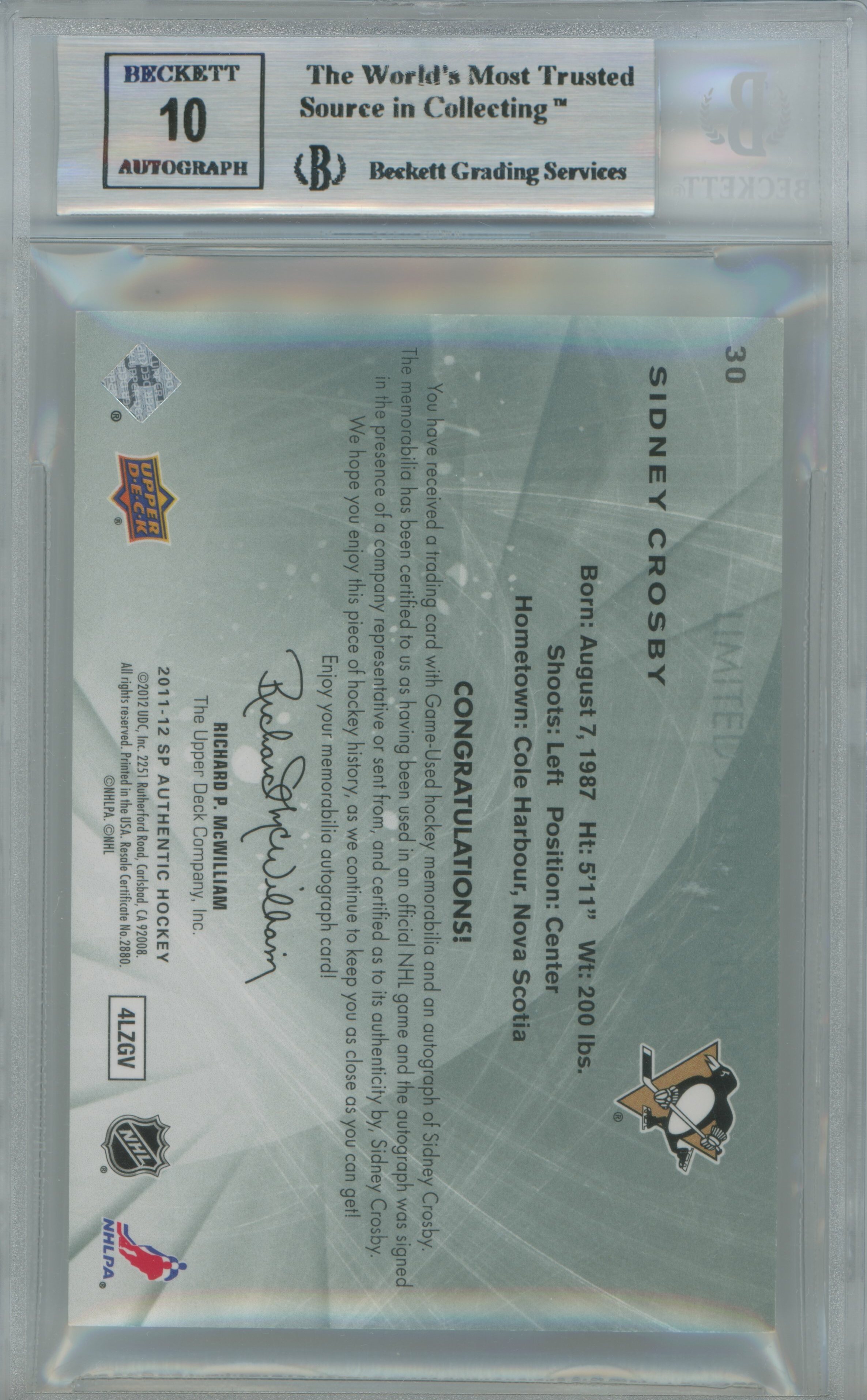 2011-12 SP Authentic Limited Auto Patch Sidney Crosby BGS 9