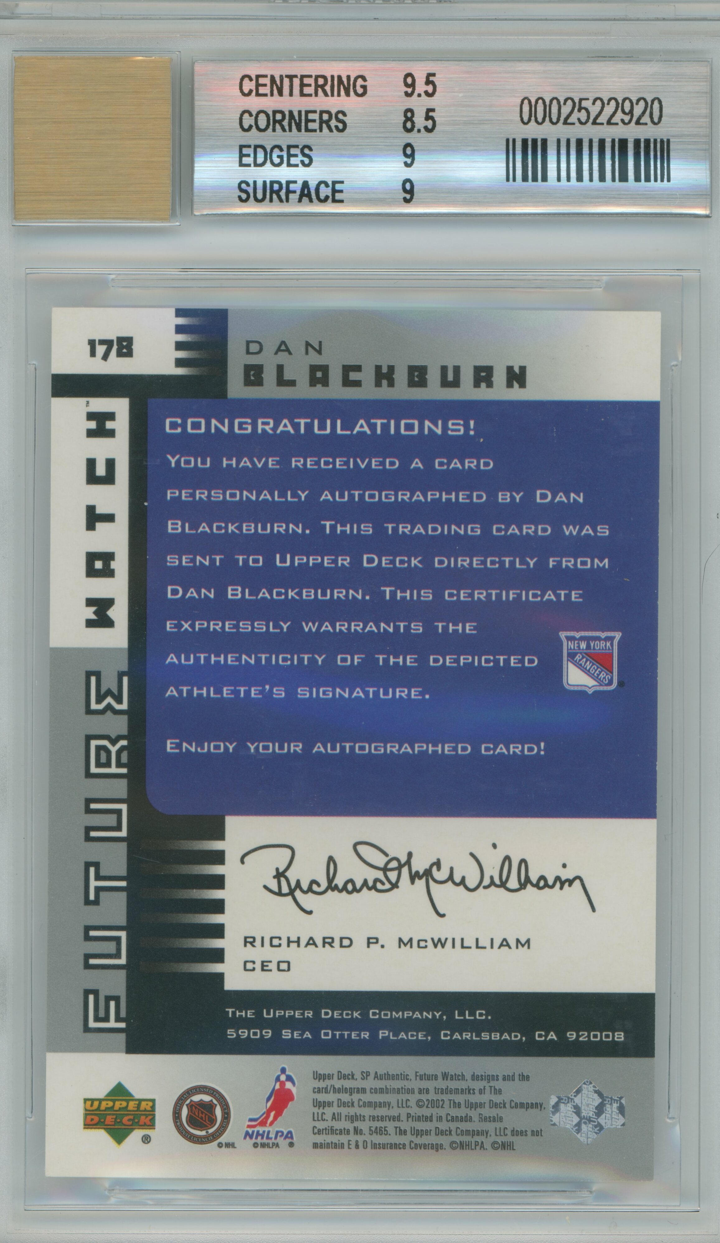 2001-02 SP Authentic Dan Blackburn Auto BGS 9