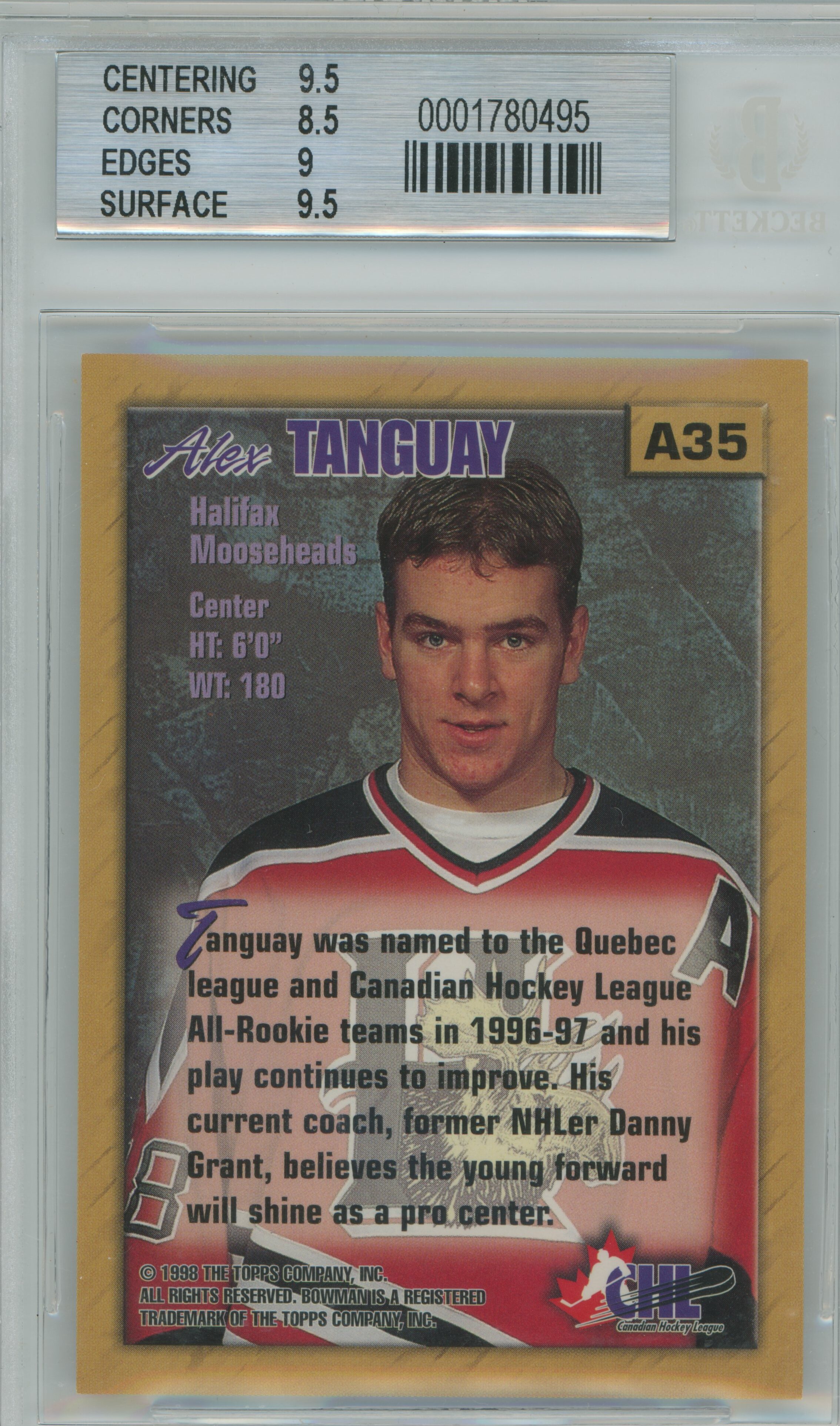 1998-99 Bowman CHL Certified Autographs Blue Alex Tanguay Auto BGS 9