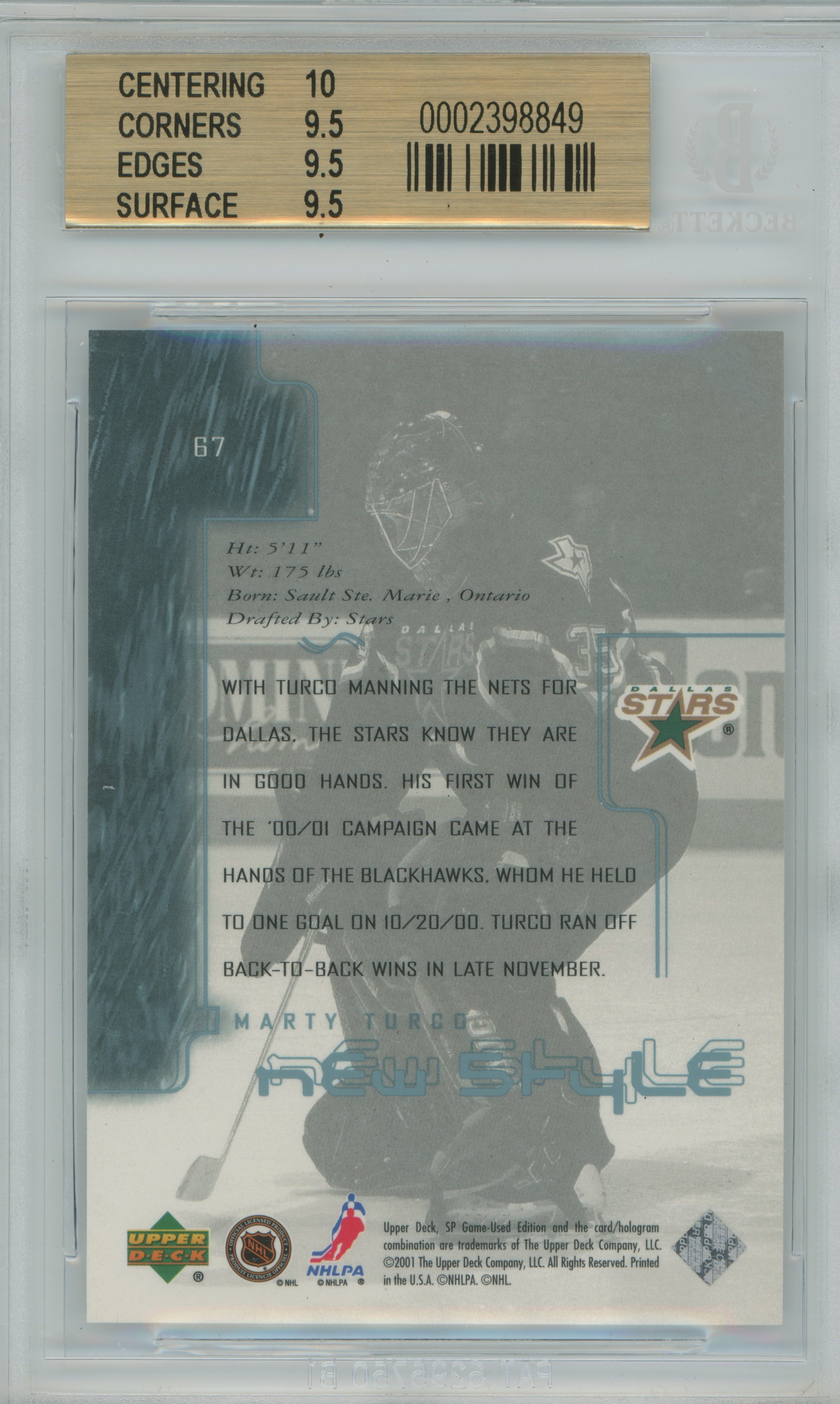 2000-01 SP game Used Marty Turco Rookie BGS 9.5
