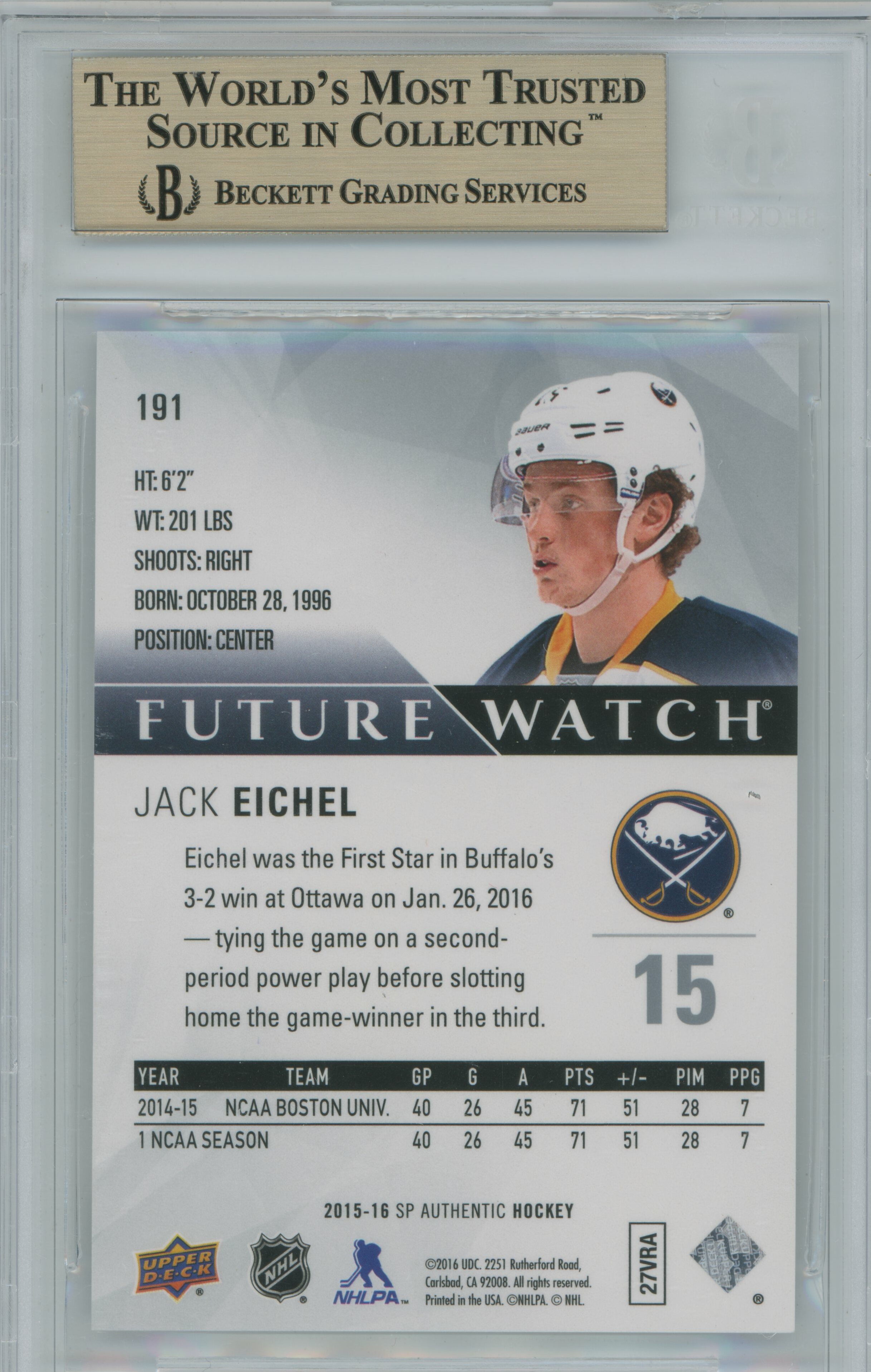 2015-16 SP Authentic Jack Eichel BGS 9.5