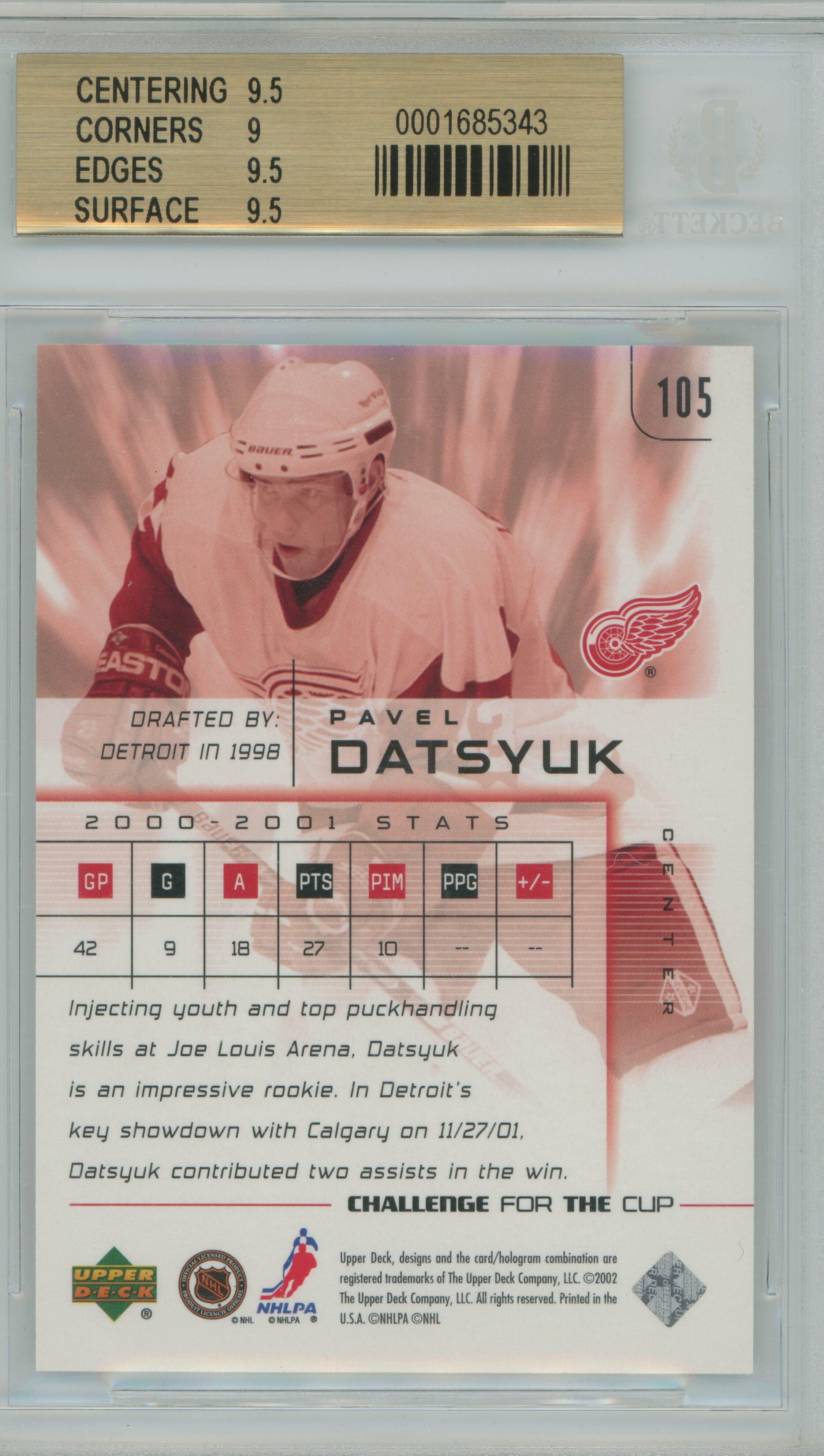 2001-02 Challenge for the Cup RC Pavel Datsyuk BGS 9.5