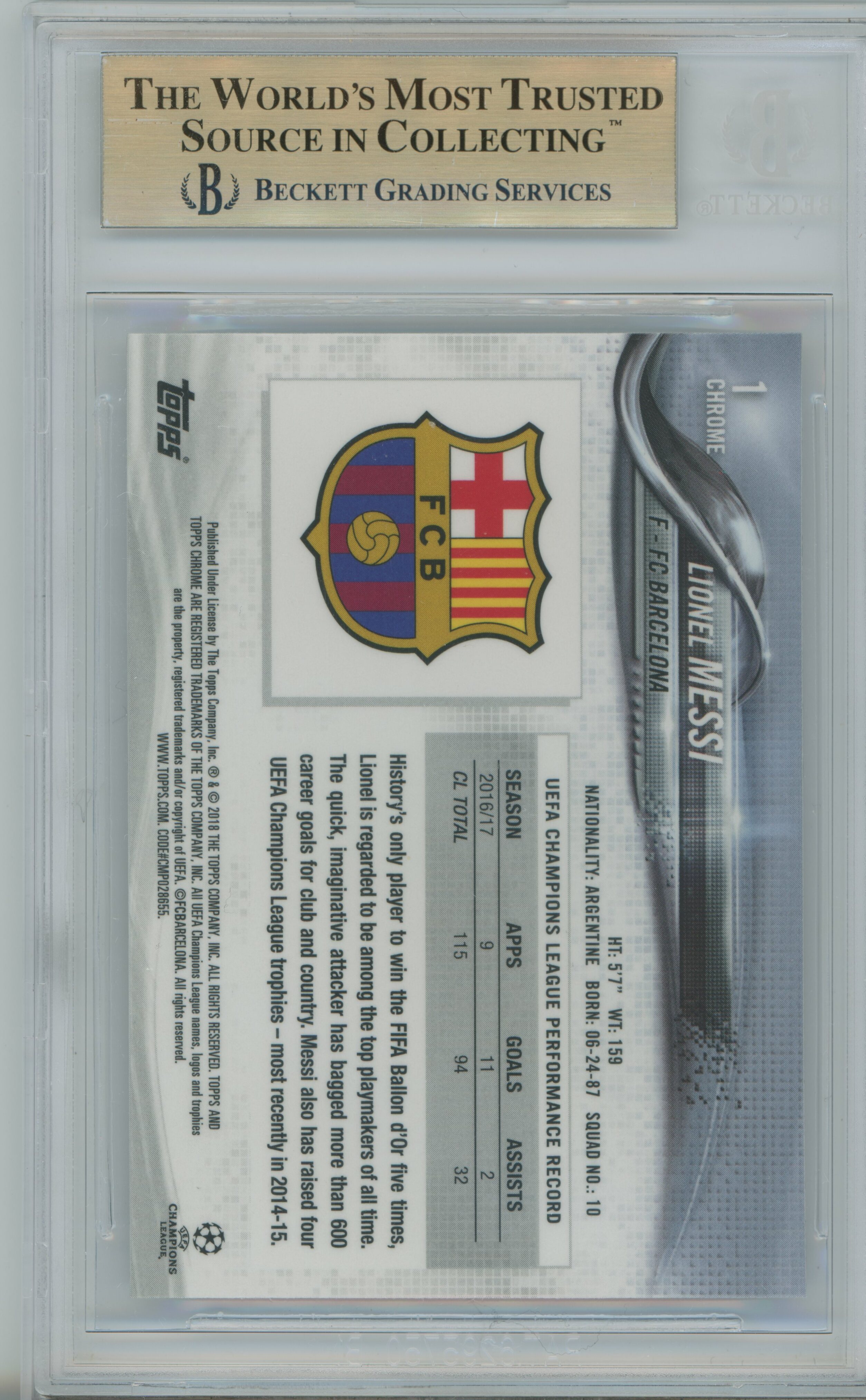 2017-18 Topps Chrome UCL Lionel Messi BGS 9.5