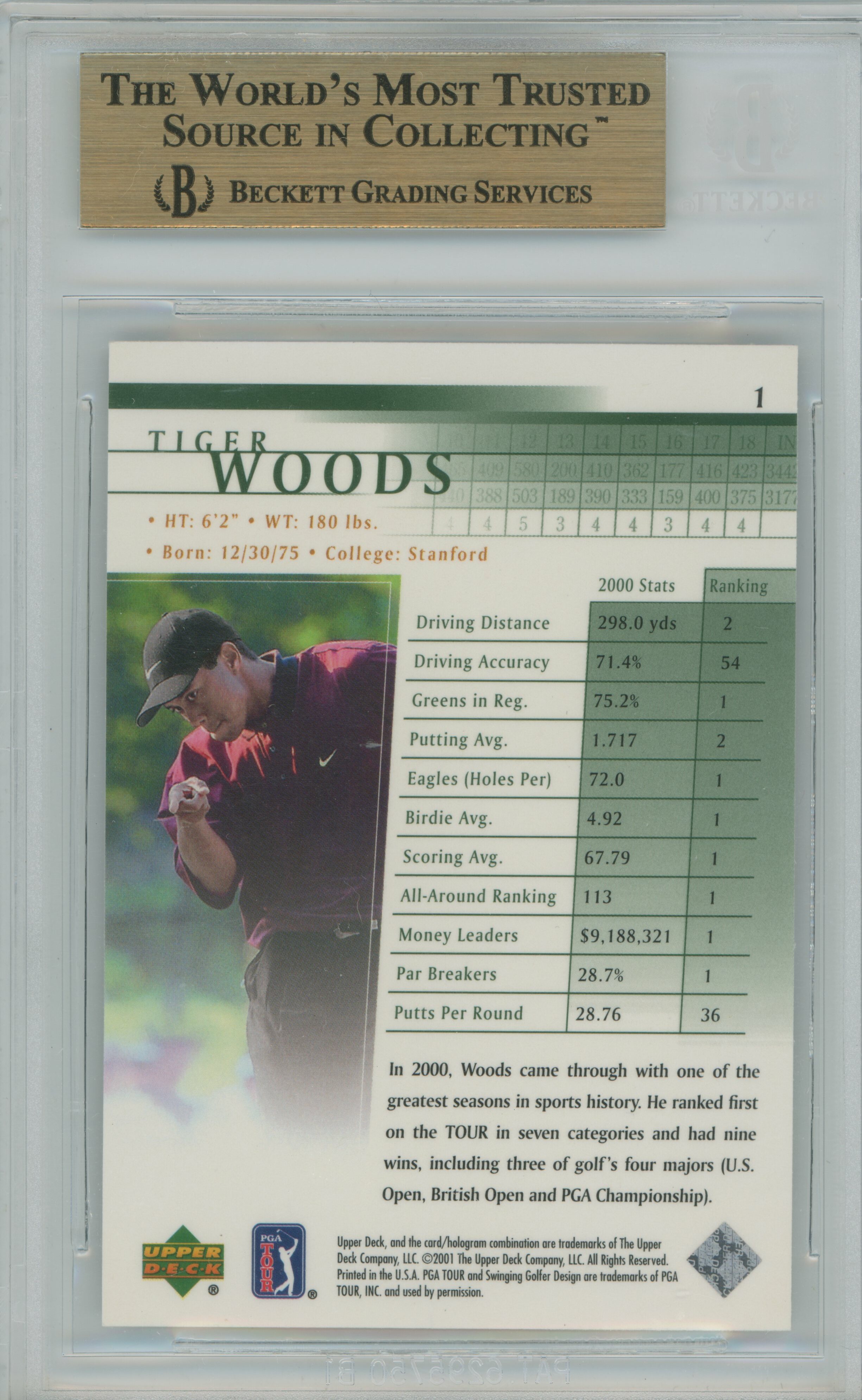 2001 Upper Deck RC Tiger Woods BGS 9.5