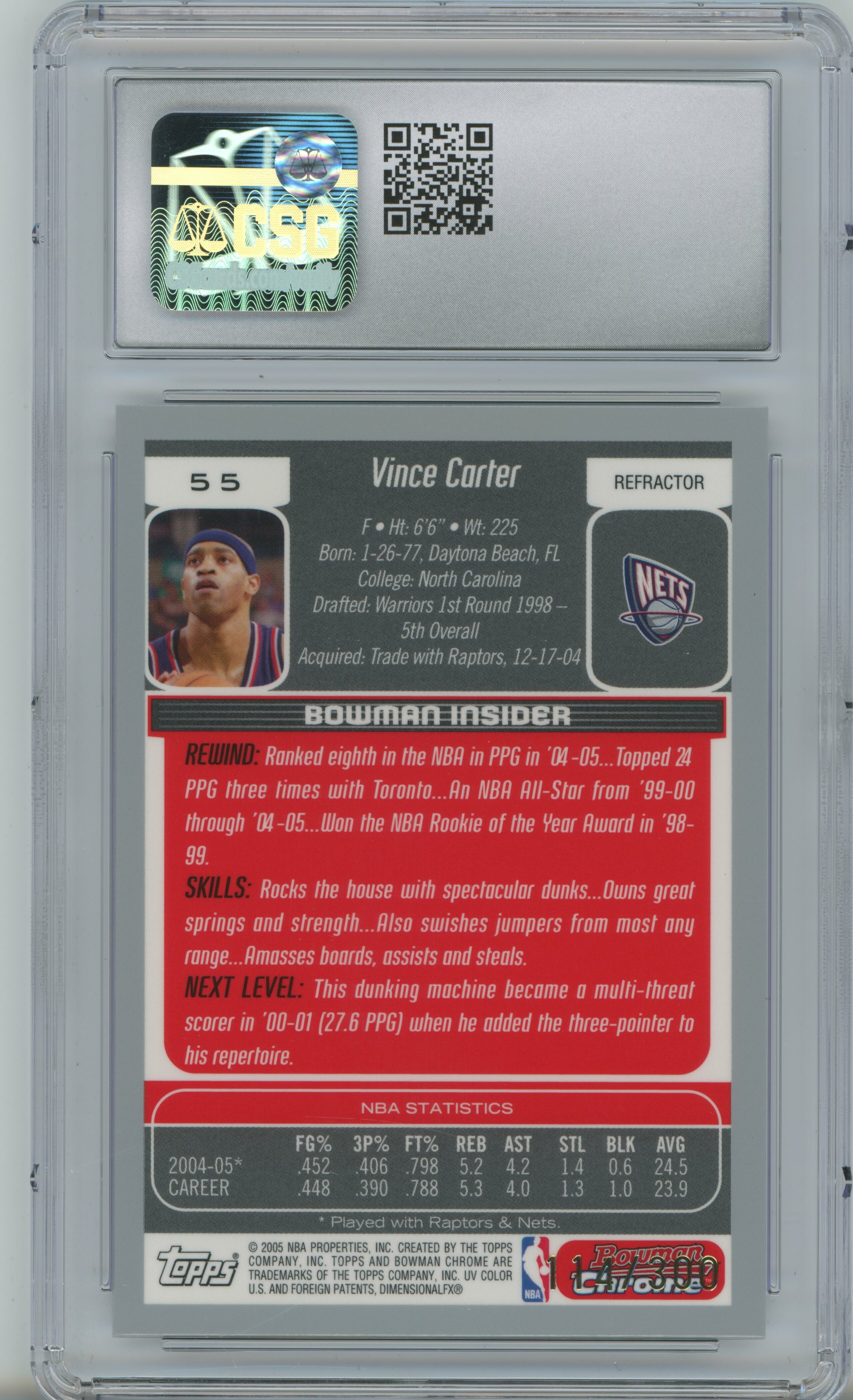 2005-06 Bowman Chrome Refractor Vince Carter CSG 9.5