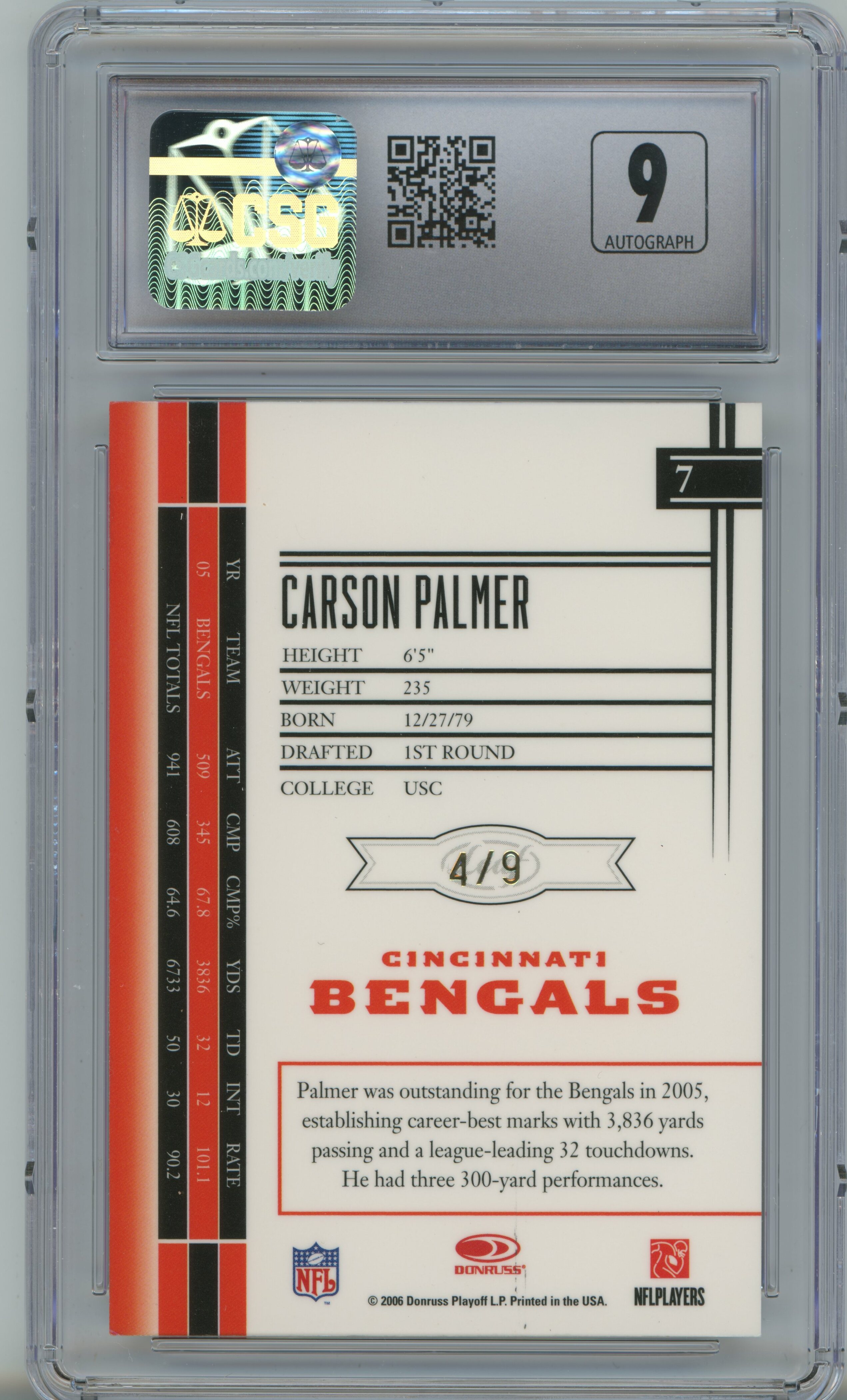 2006 Leaf Limited Monikers Gold Auto Carson Palmer CSG 8.5