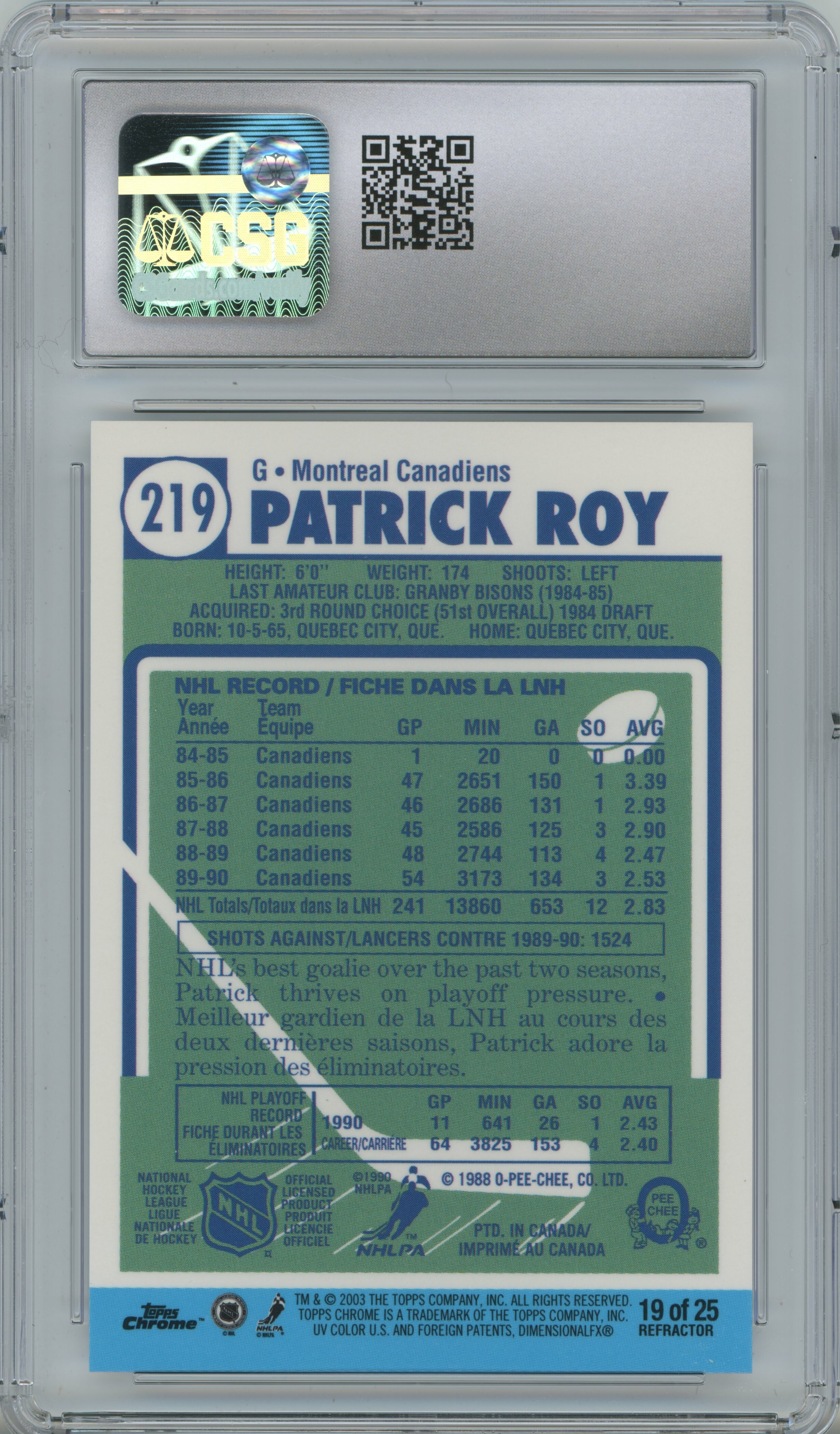 2002-03 Topps Chrome '90-91 O-Pee-Chee Reprint Refractor Patrick Roy CSG 9.5