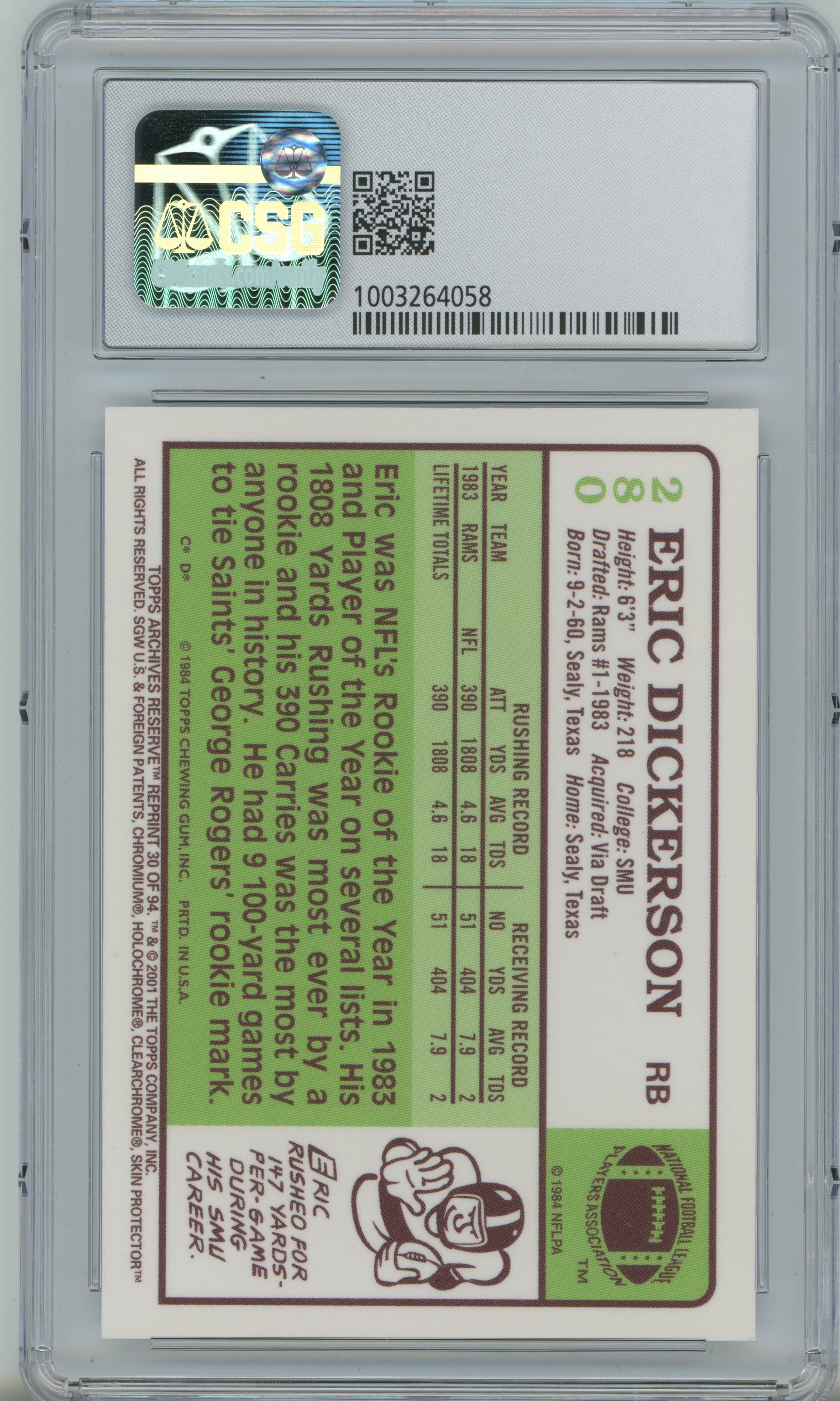 2001 Archives Reserve Refractor Eric Dickerson CSG 9.5