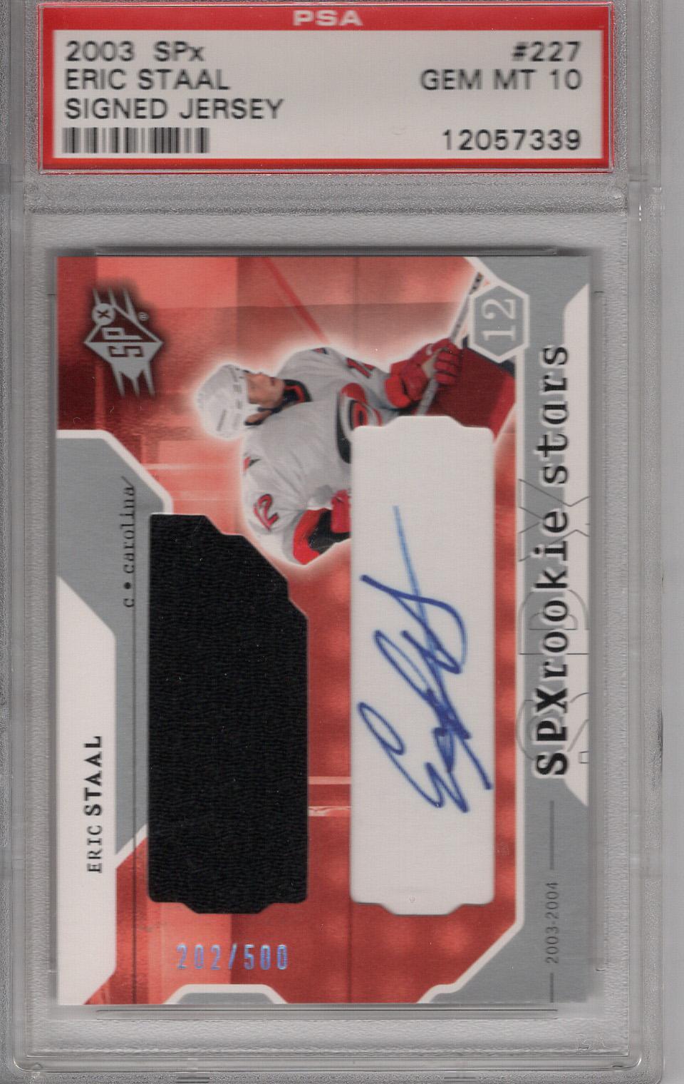 2003-04 SPx Jersey Auto RC Eric Staal PSA 10