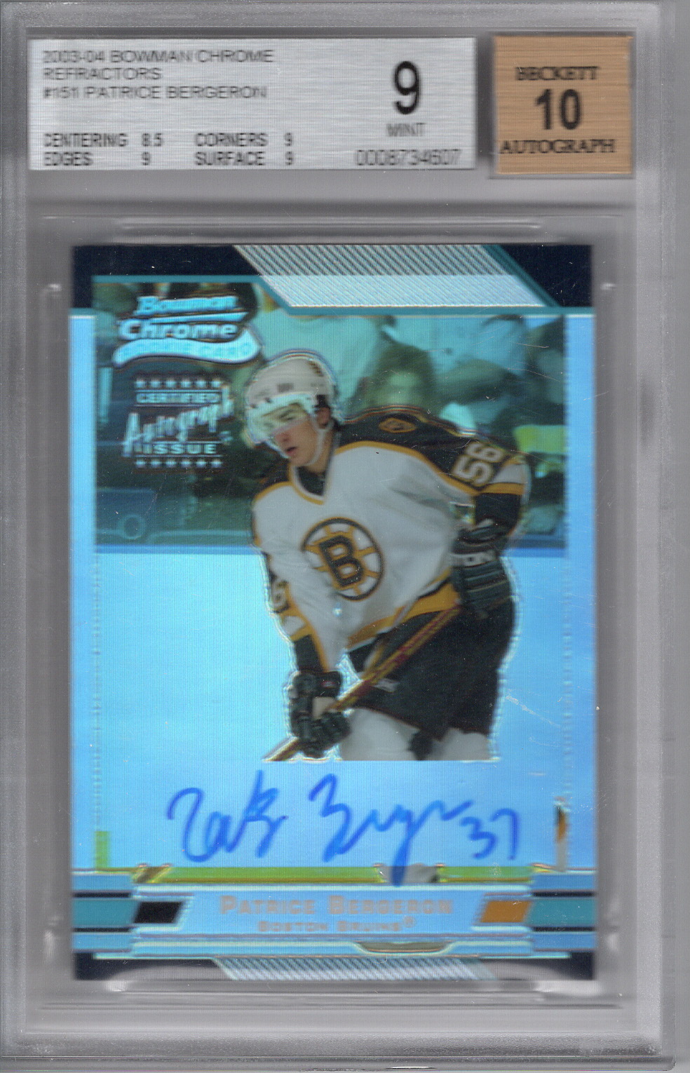 2003-04 Bowman Chrome Refractor RC Auto Patrice Bergeron BGS 9