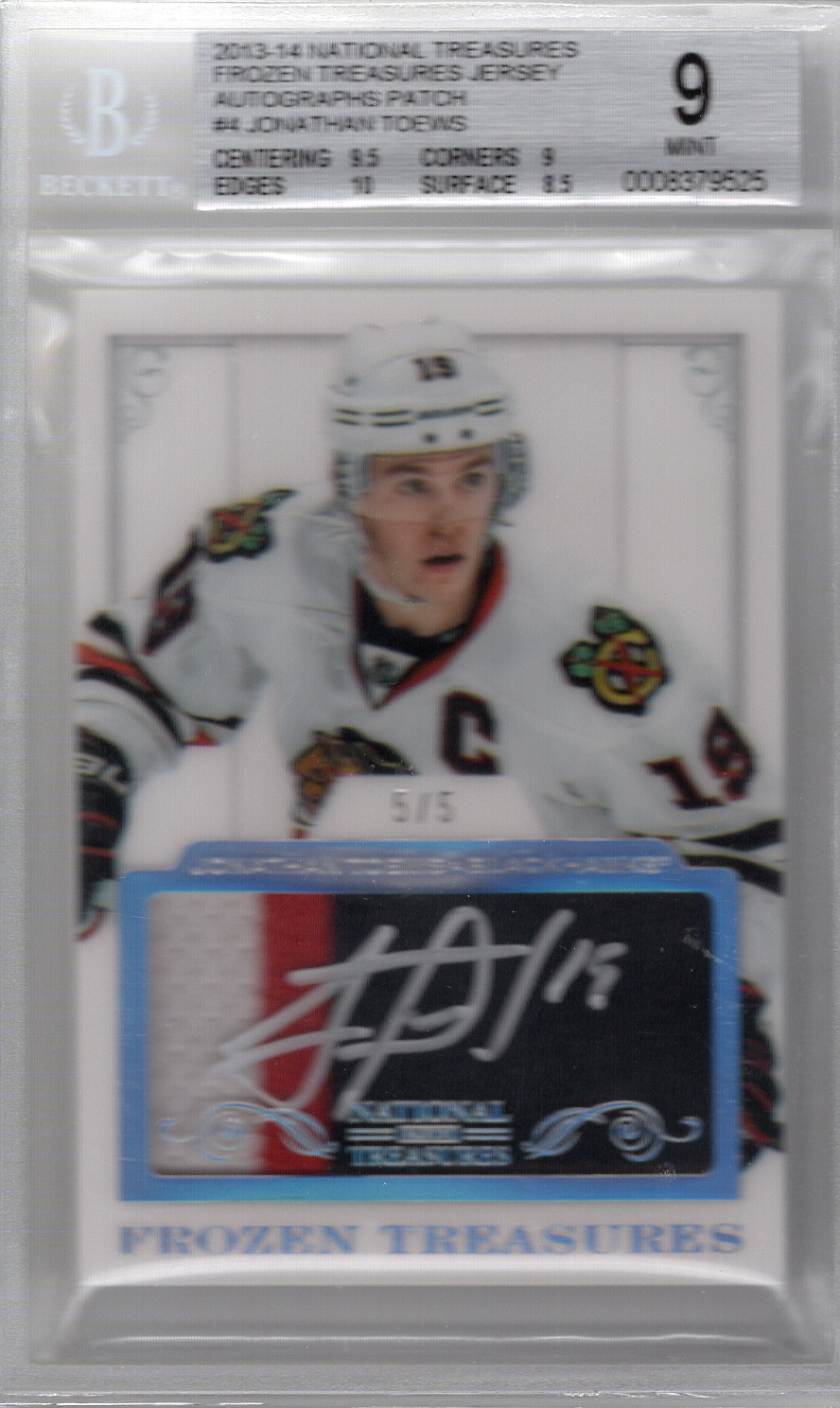 2013-14 National Treasures Frozen Treasures Patch Auto Jonathan Toews BGS 9