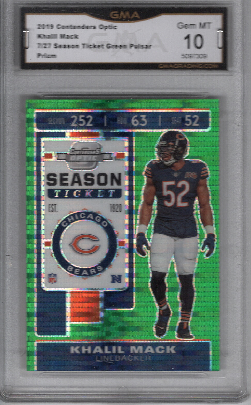 2019 Contenders Optic Season Ticket Green Pulsar Khalil Mack GMA 10
