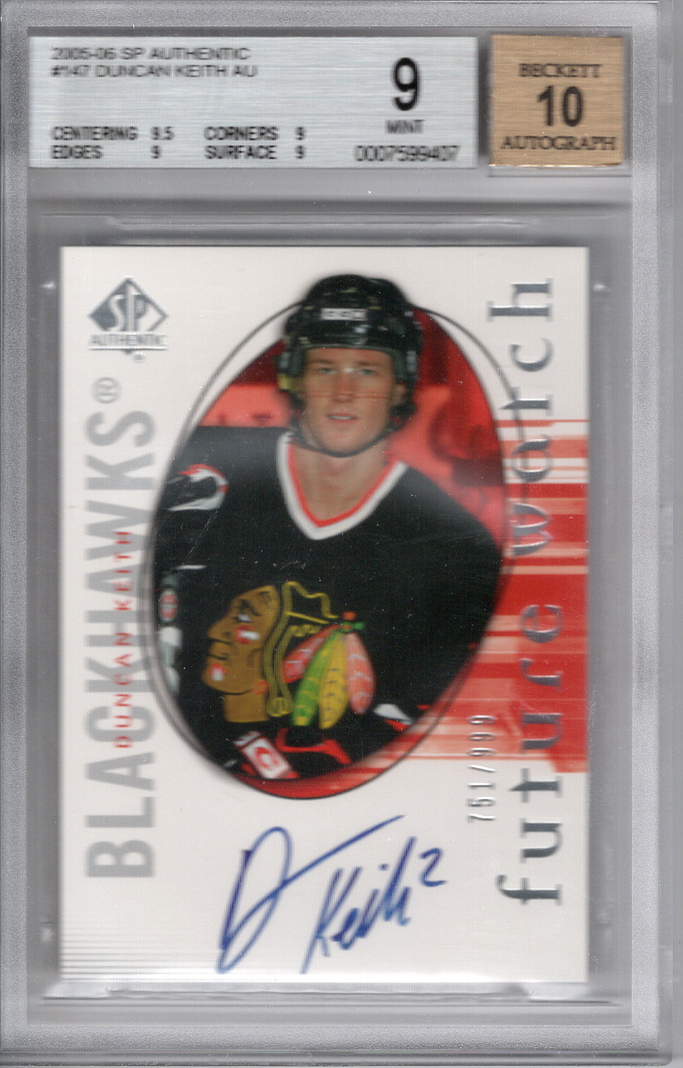 2005-06 SP Authentic Duncan Keith Rookie Auto BGS 9