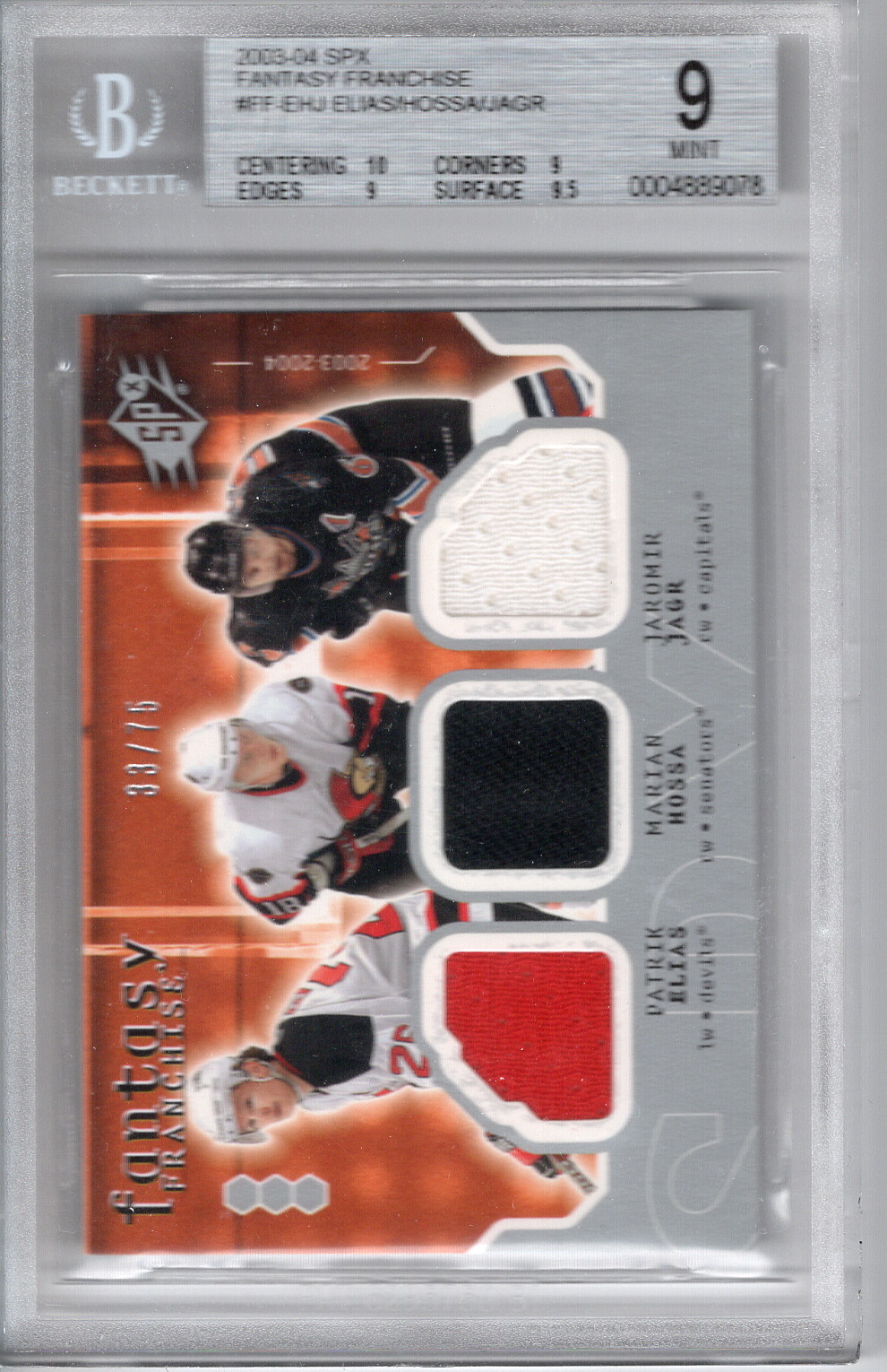 2003-04 SPx Fantasy Franchise Triple Jersey Patrik Elias Marian Hossa Jaromir Jagr BGS 9