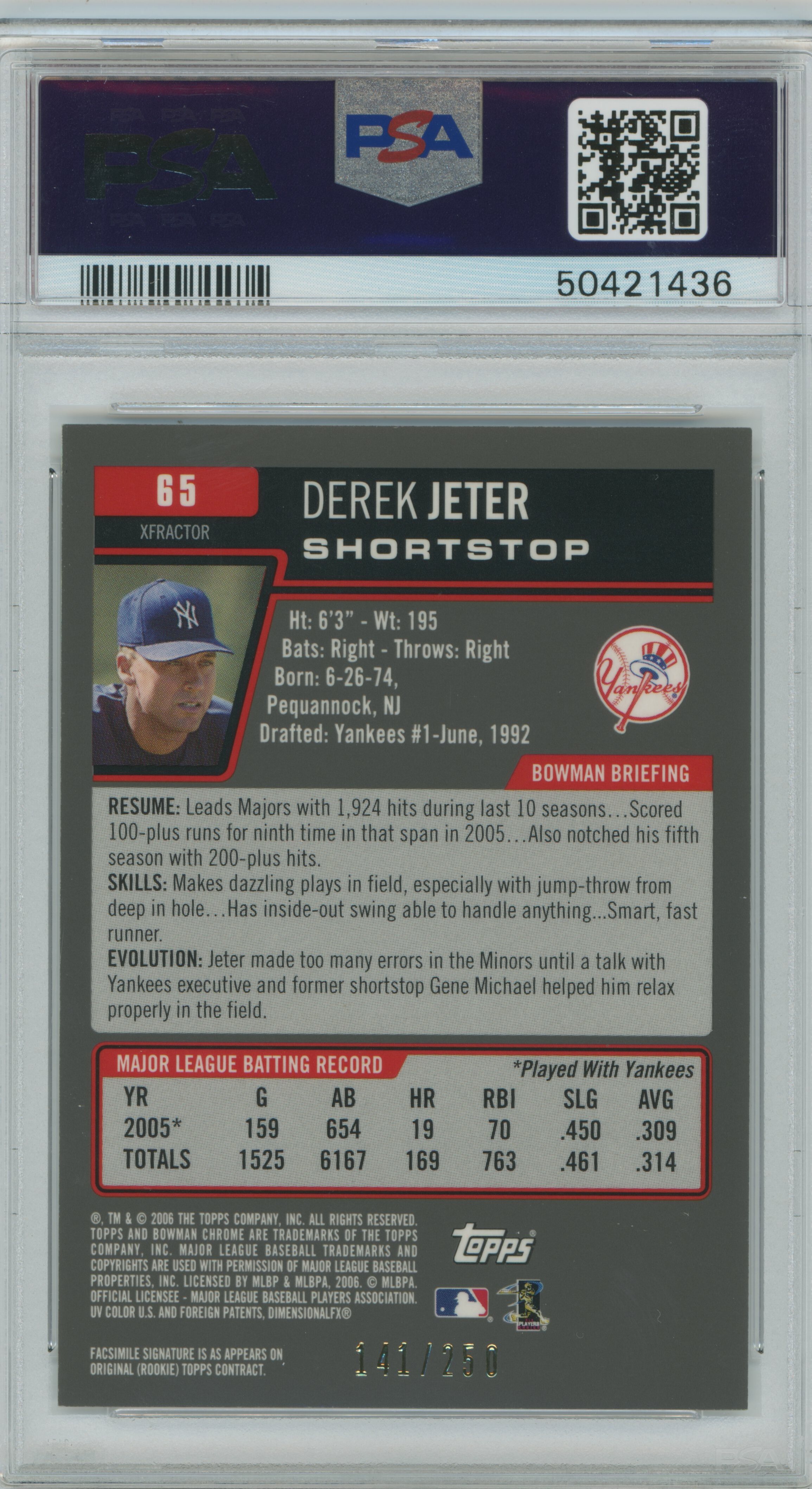 2006 Bowman Chrome Xfractor Derek Jeter PSA 9