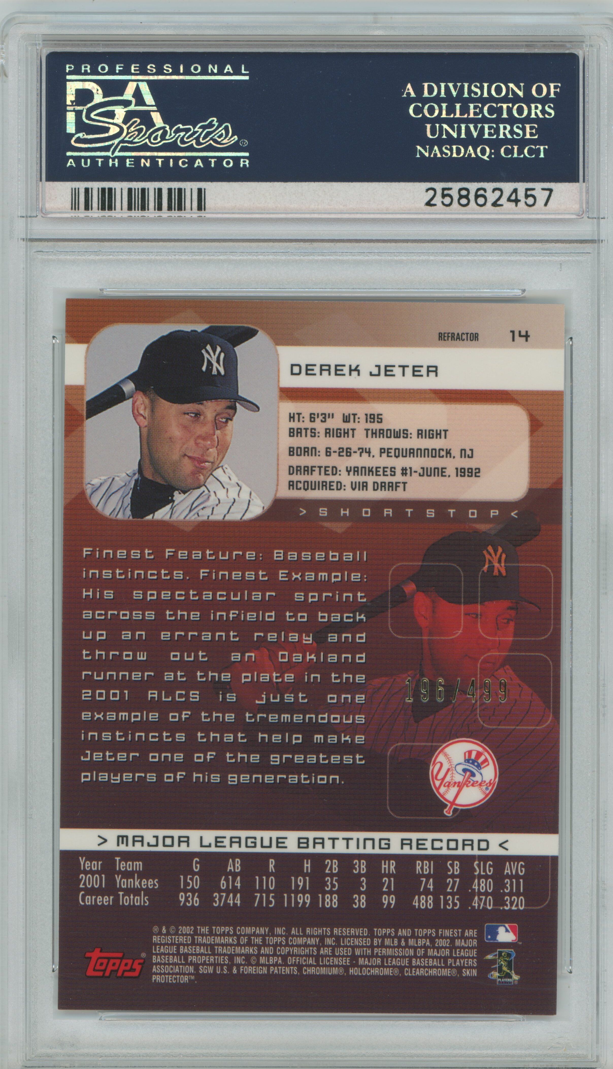 2002 Finest Xfractor Derek Jeter PSA 10