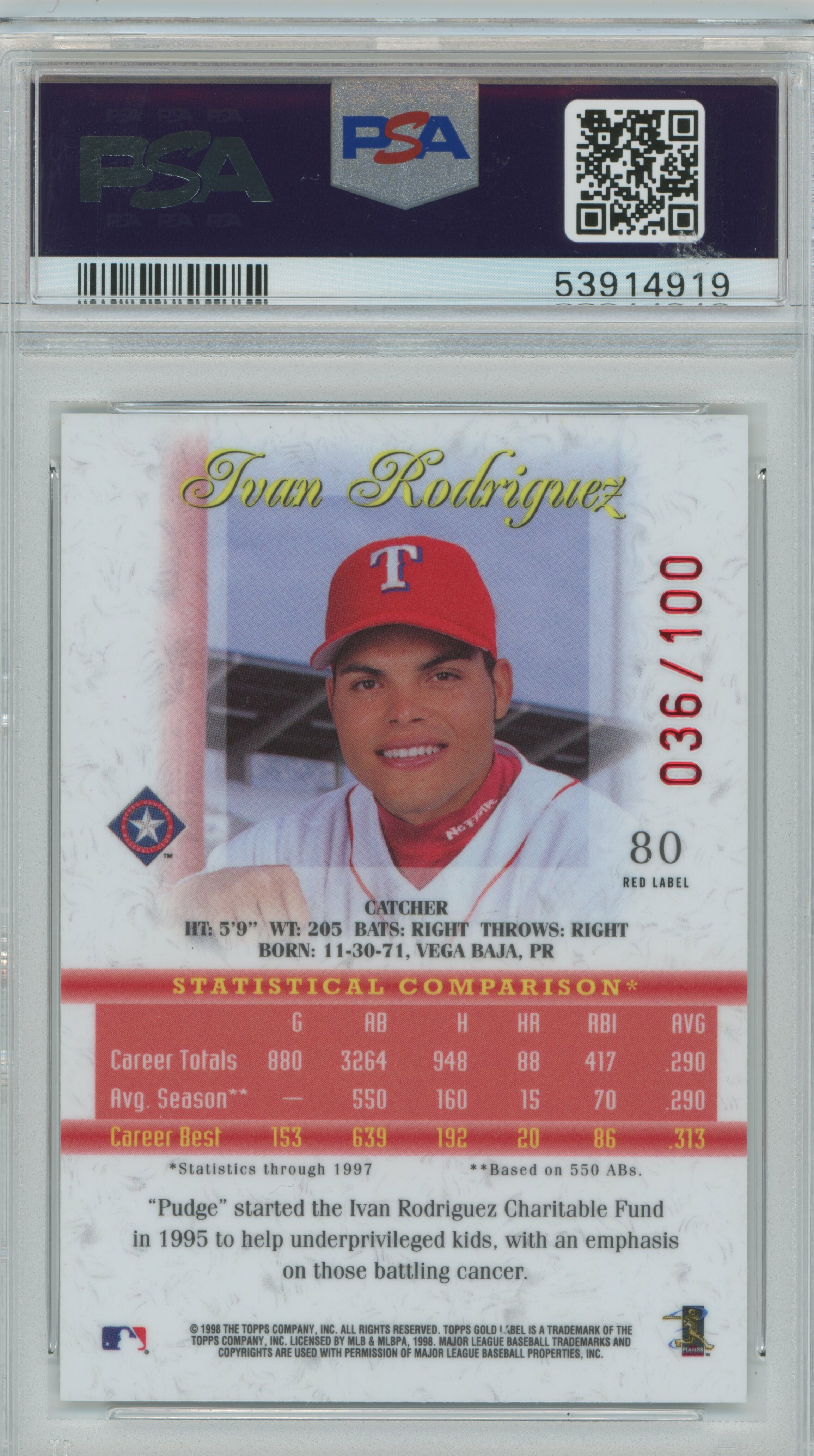 1998 Gold Label Class 1 Red Label Ivan Rodriguez PSA 9