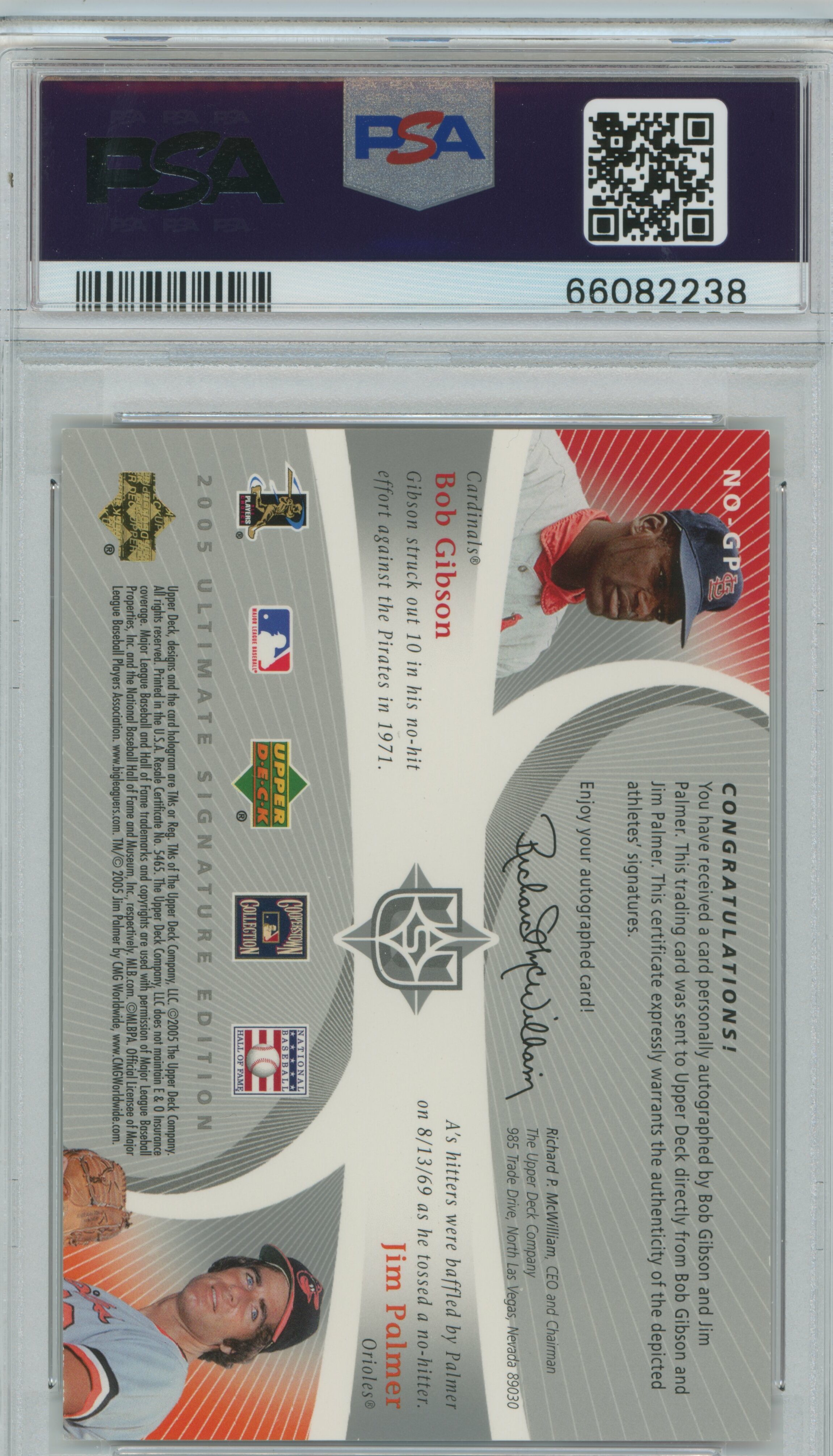 2005 Ultimate Signature No-Hitters Auto Bob Gibson Jim Palmer PSA 8