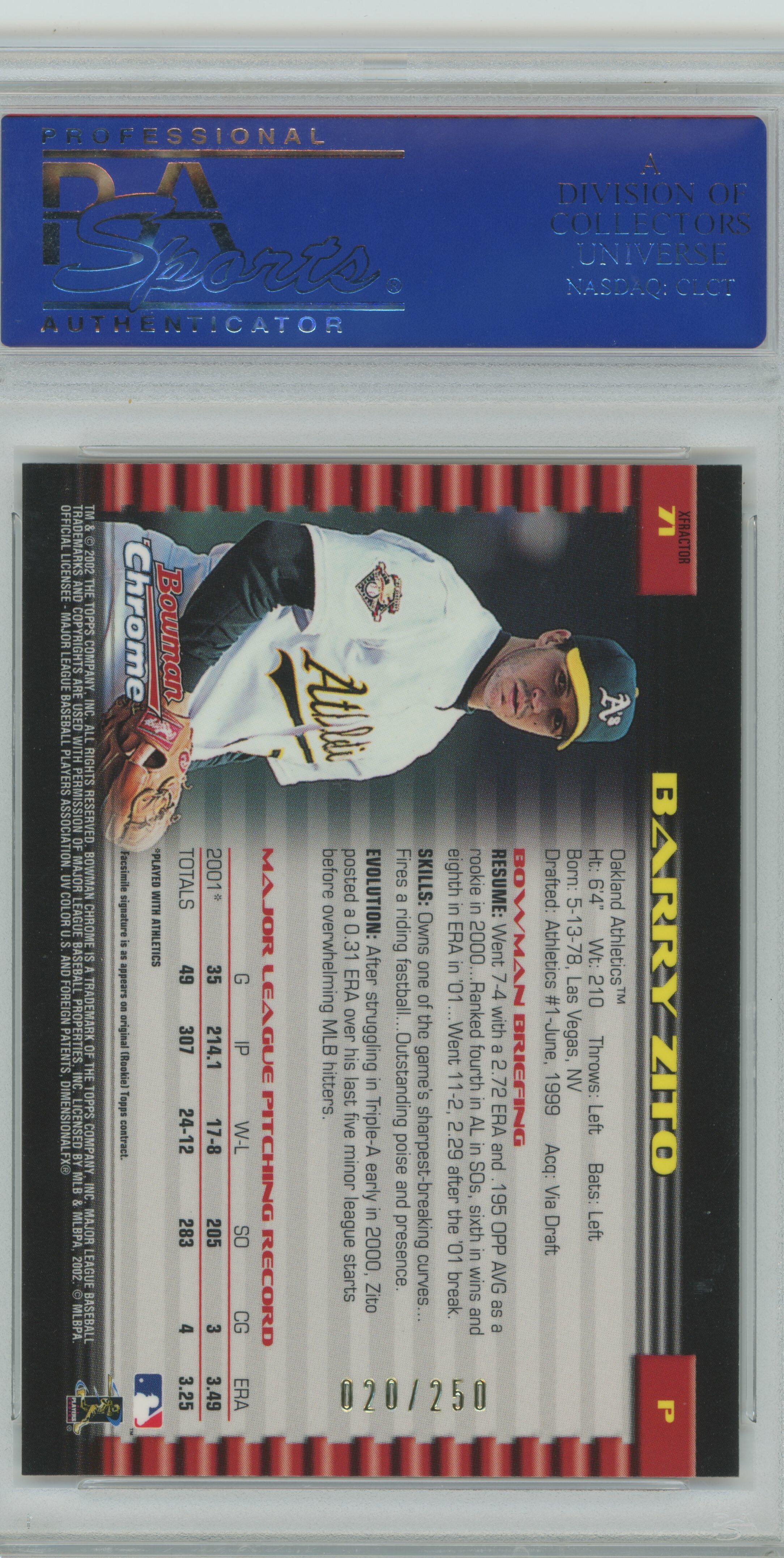 2002 Bowman Chrome Xfractor Barry Zito PSA 10