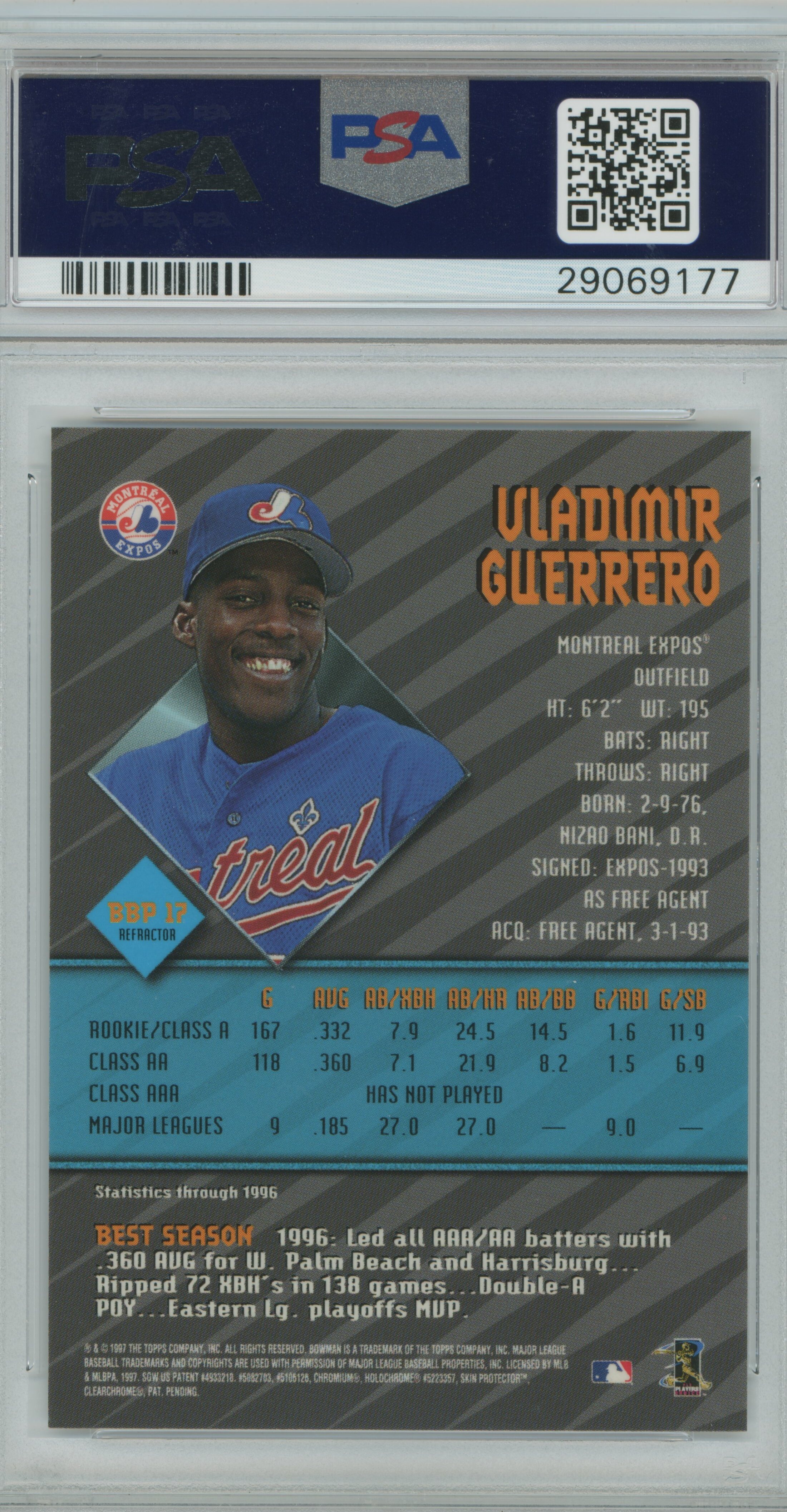 1997 Bowman's Best Preview Refractor Vladimir Guerrero PSA 9