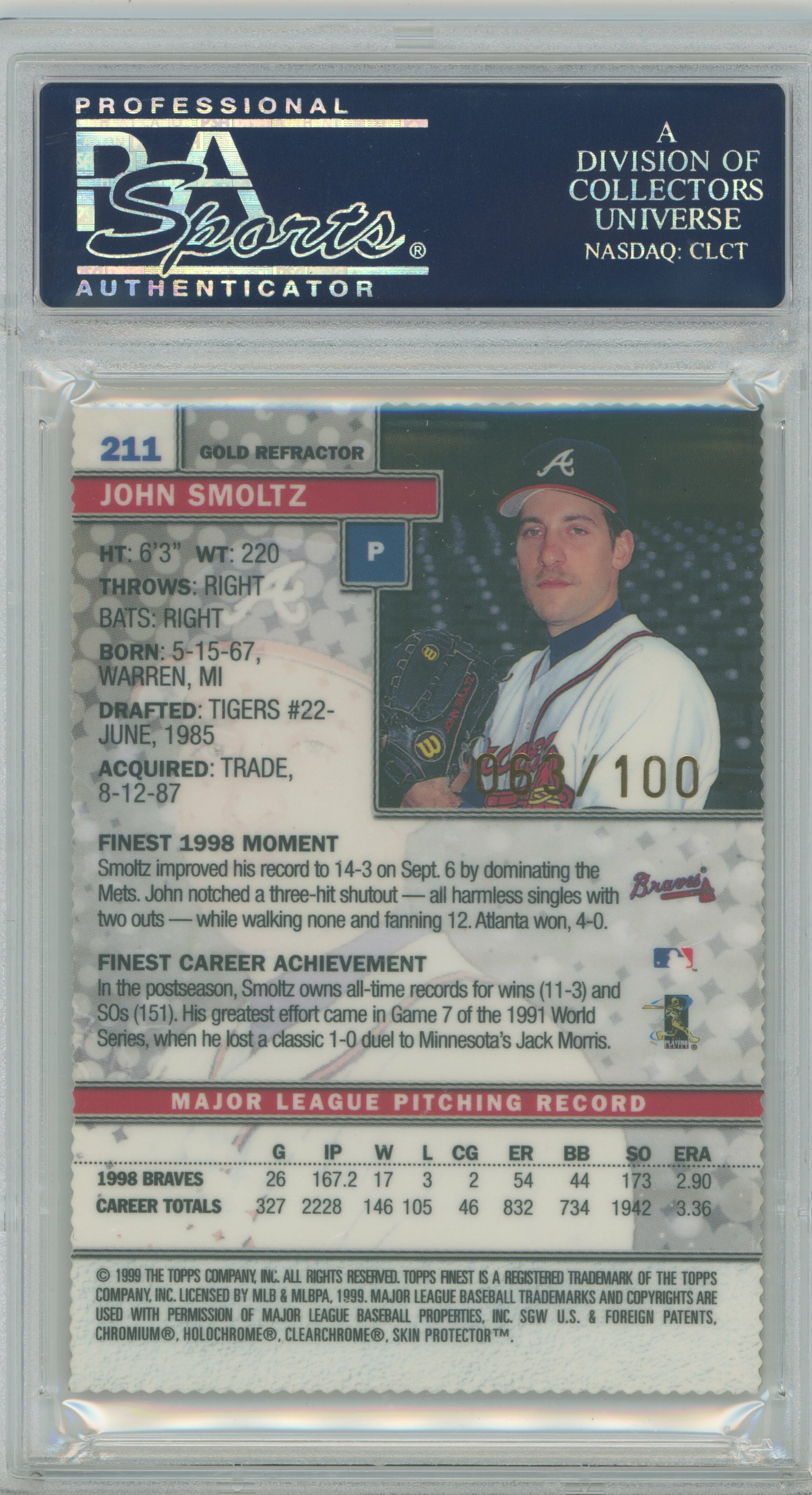 1999 Finest Gold Refractor John Smoltz PSA 9