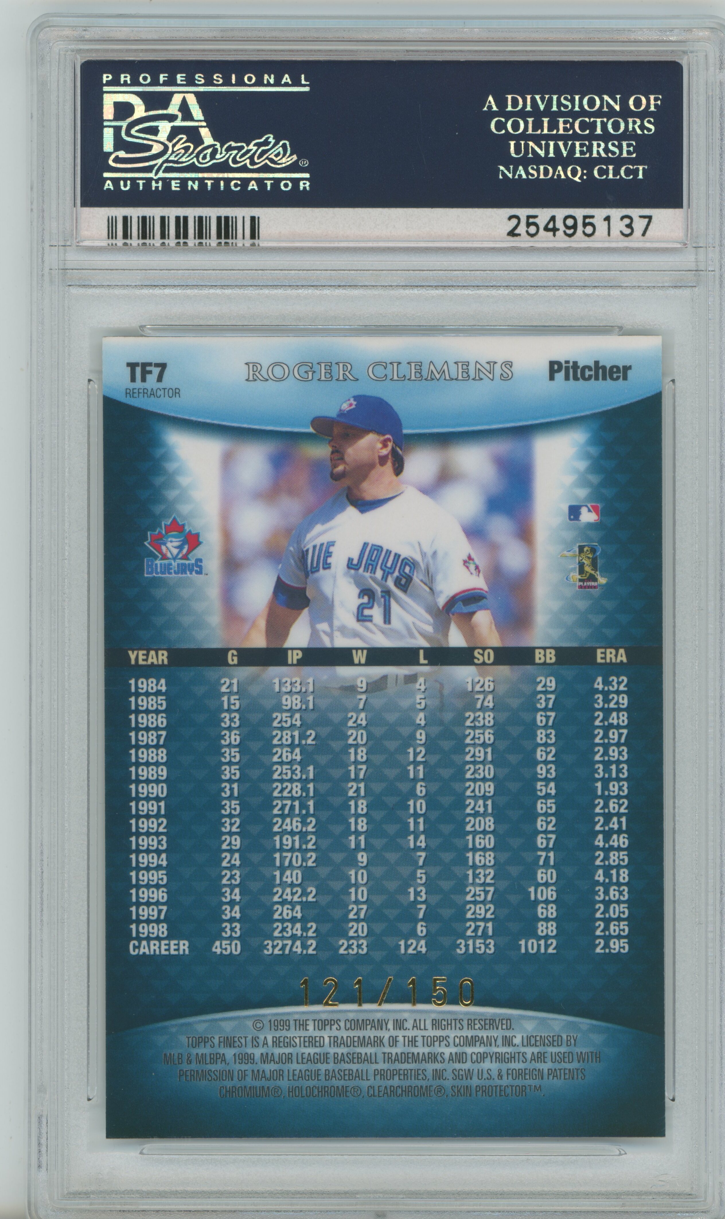 1999 Finest Team Finest Blue Refractor Roger Clemens PSA 10