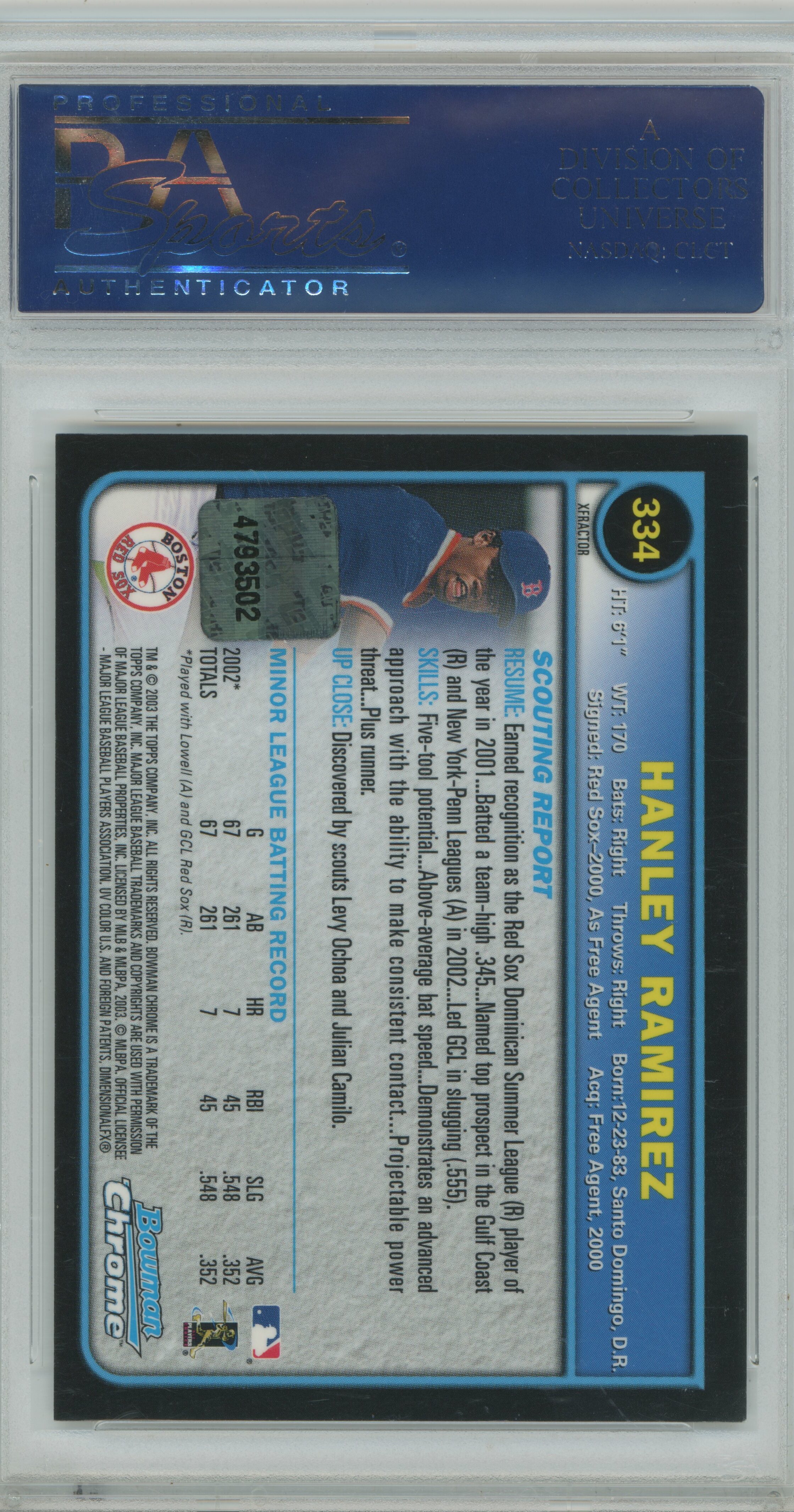 2003 Bowman Chrome Xfractor Auto RC Hanley Ramirez PSA 9