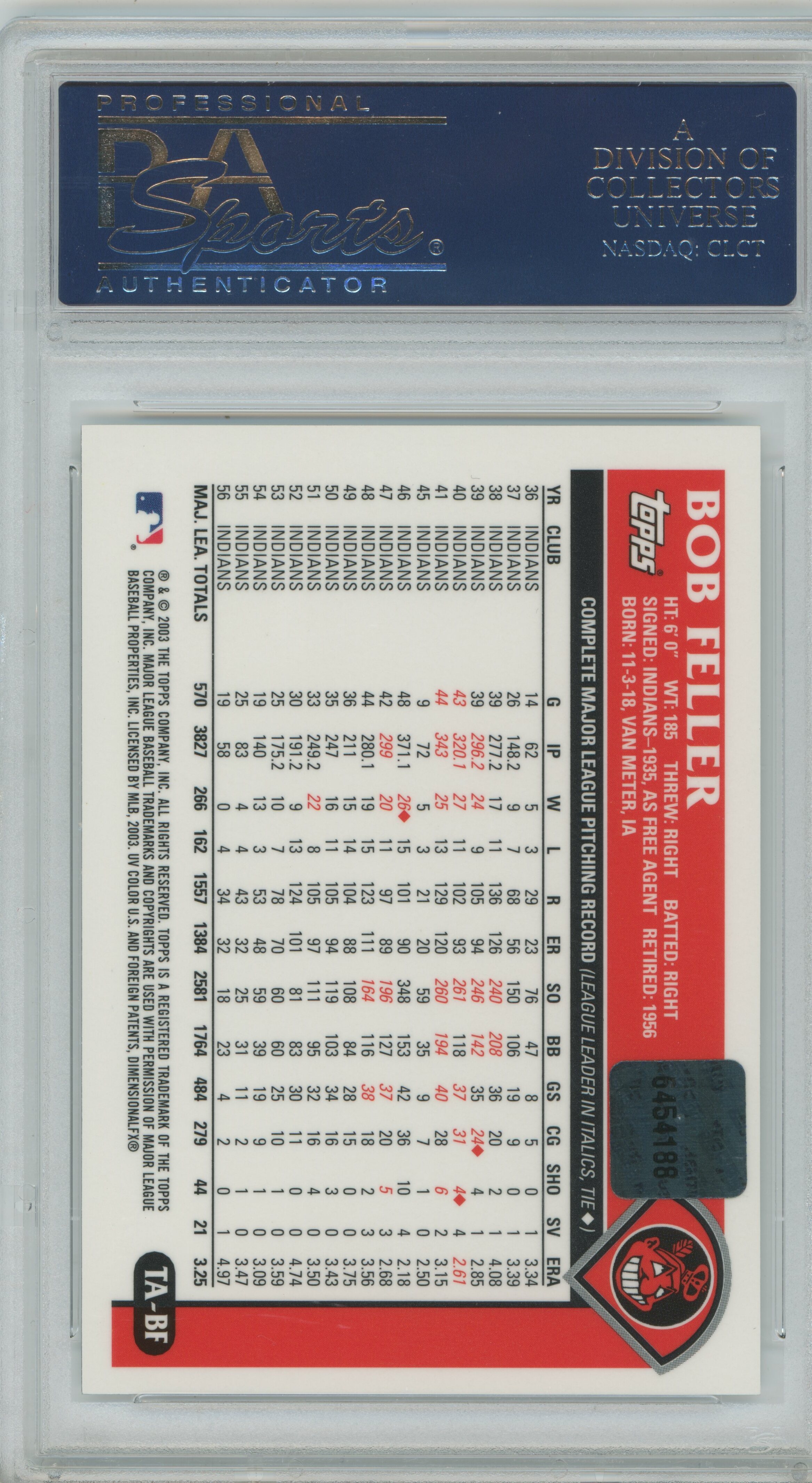 2003 Topps Retired Signature Edition Auto Bob Feller PSA 10