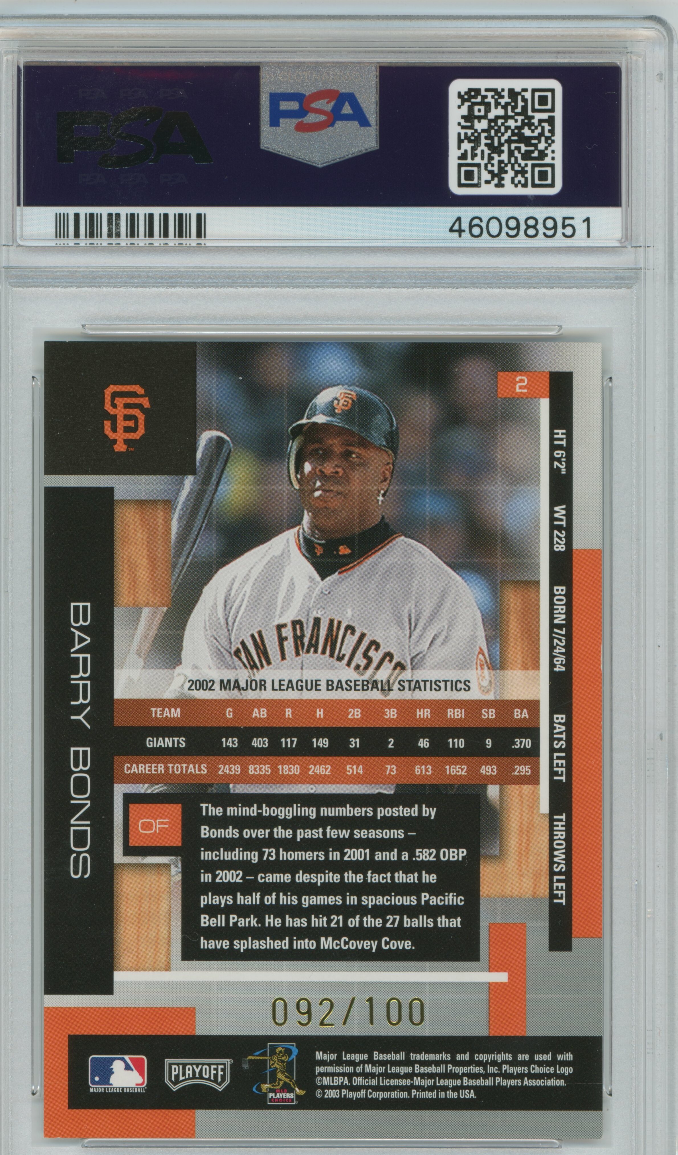 2003 Absolute Memorabilia Spectrum Barry Bonds PSA 9