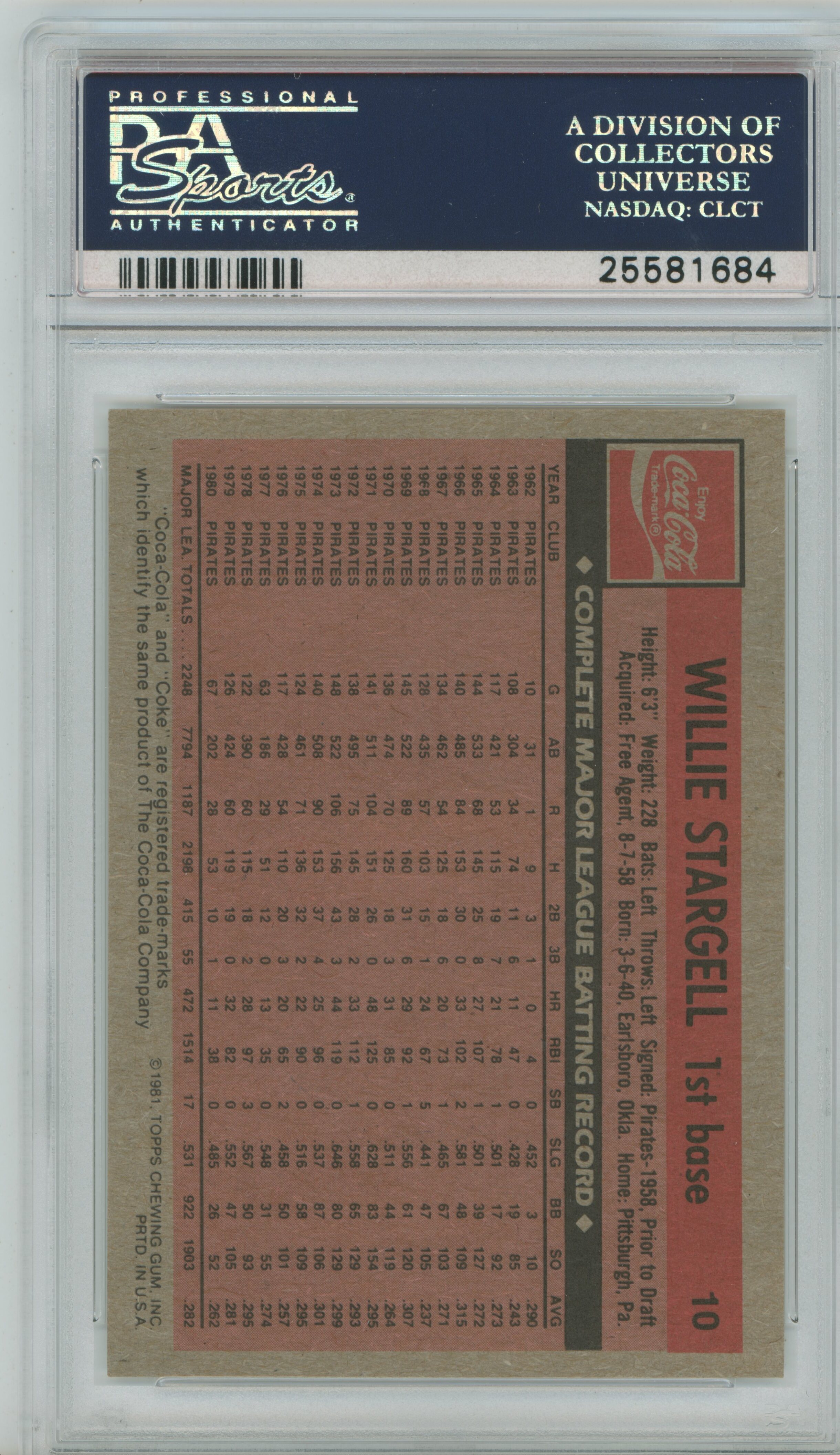 1981 Coca-Cola Willie Stargell PSA 9