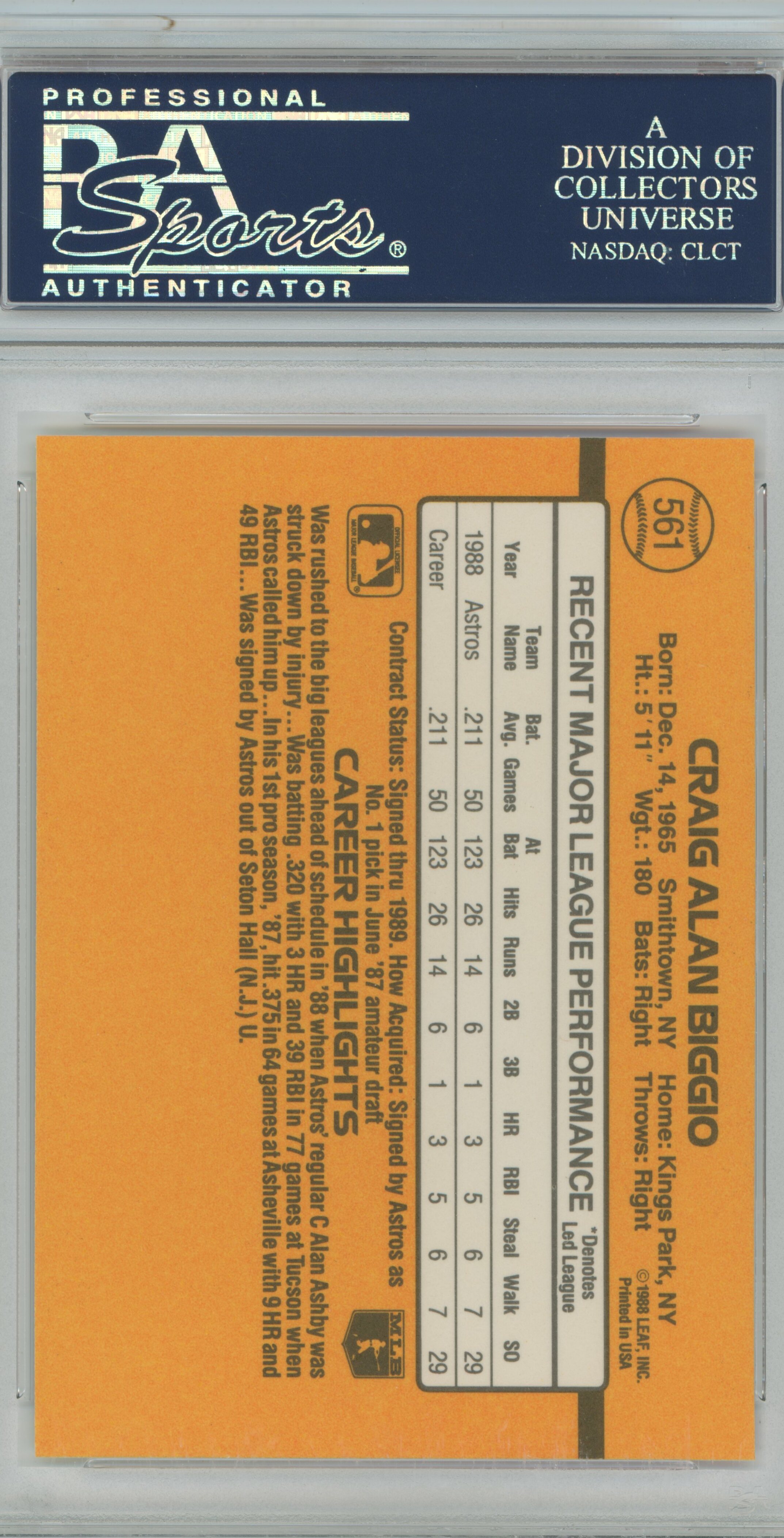 1989 Donruss RC Craig Biggio PSA 10