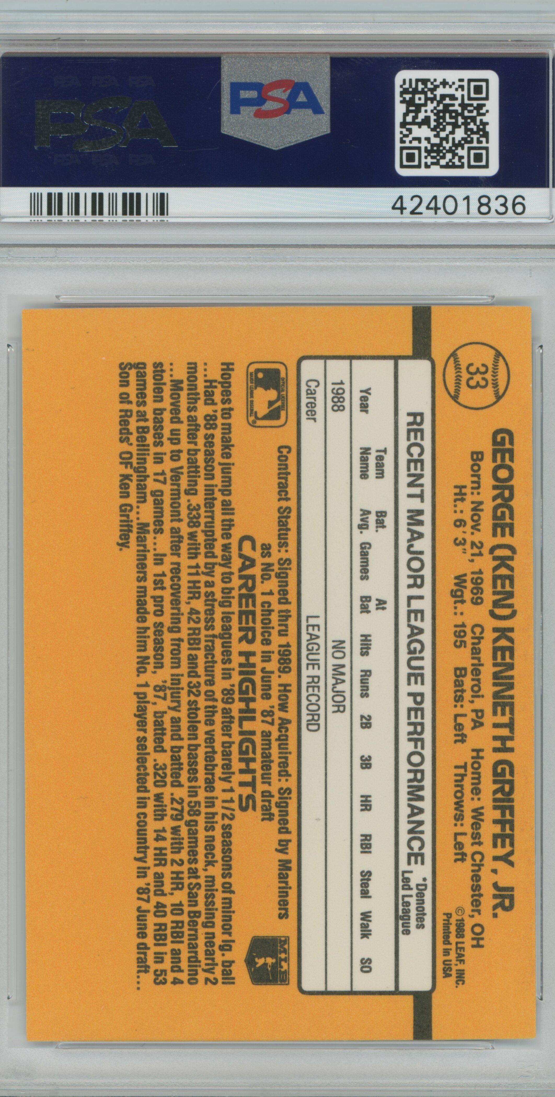 1989 Donruss Ken Griffey Jr. PSA 9