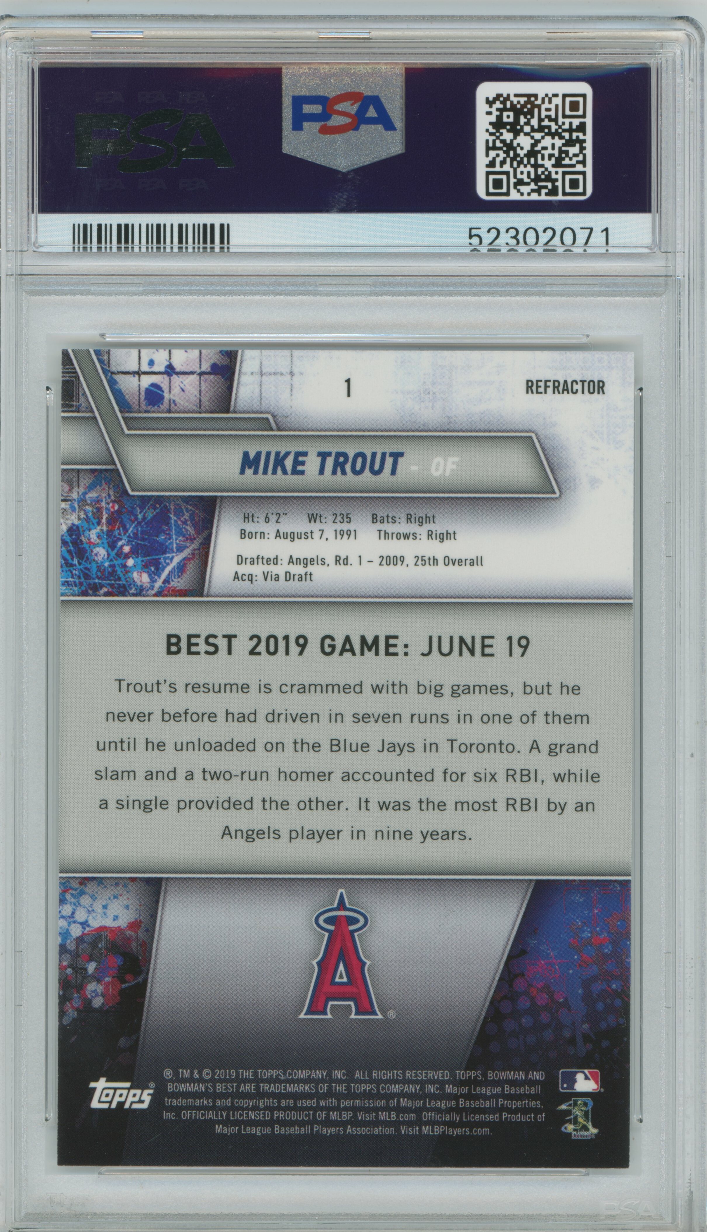 2019 Bowman's Best Refractor Mike Trout PSA 10