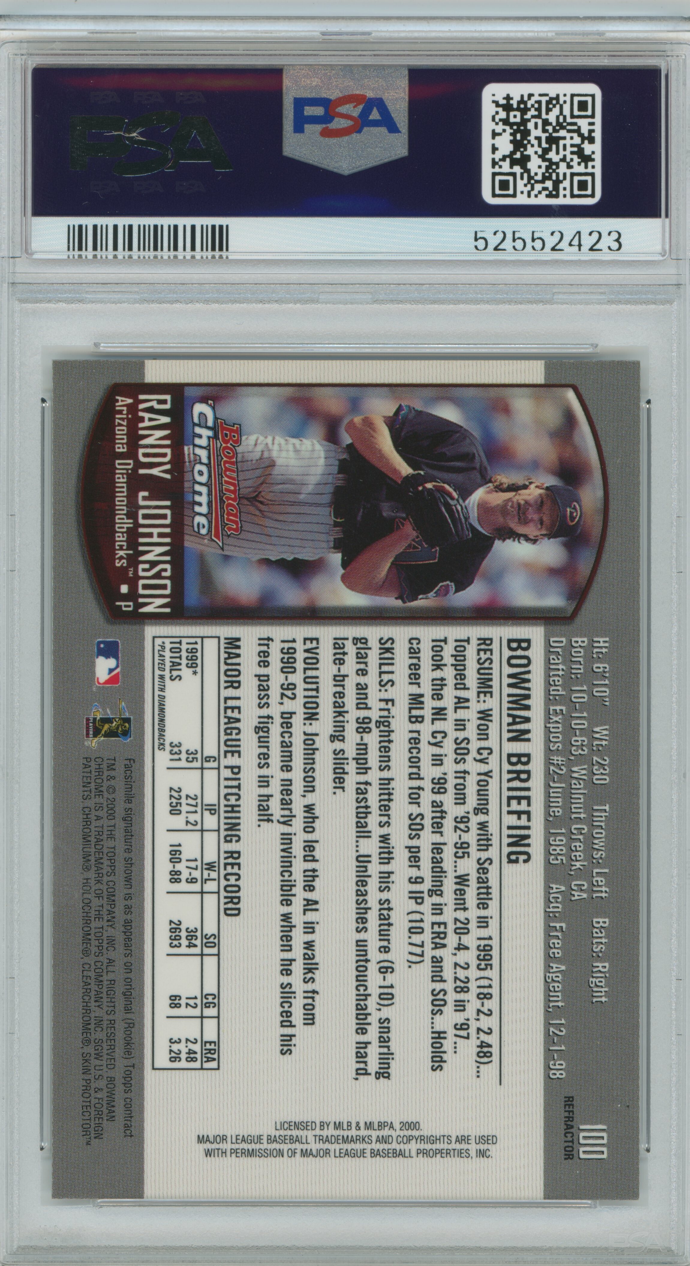 2000 Bowman Chrome Refractor Randy Johnson PSA 9