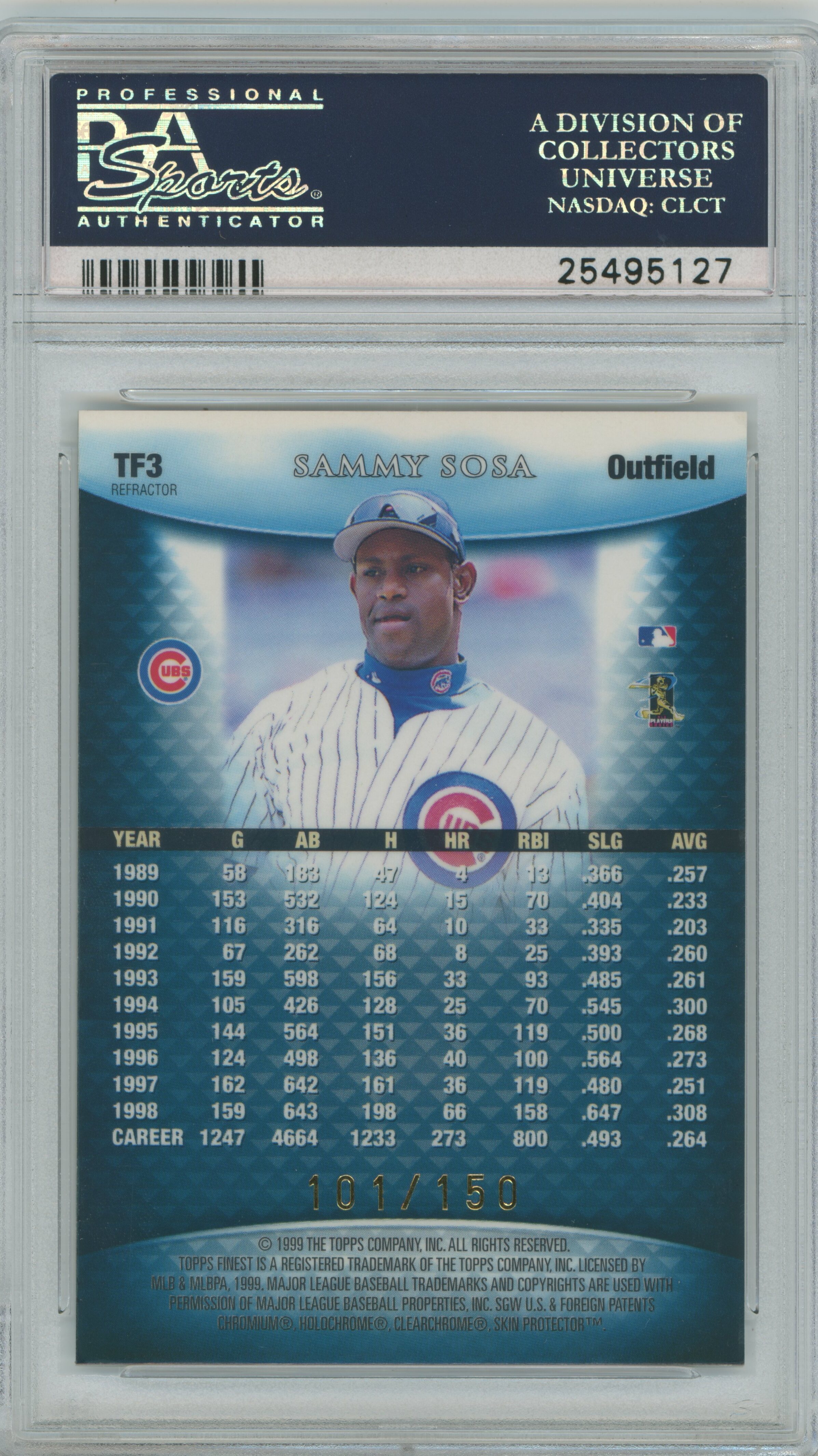 1999 Finest Team Finest Blue Refractor Sammy Sosa PSA 9