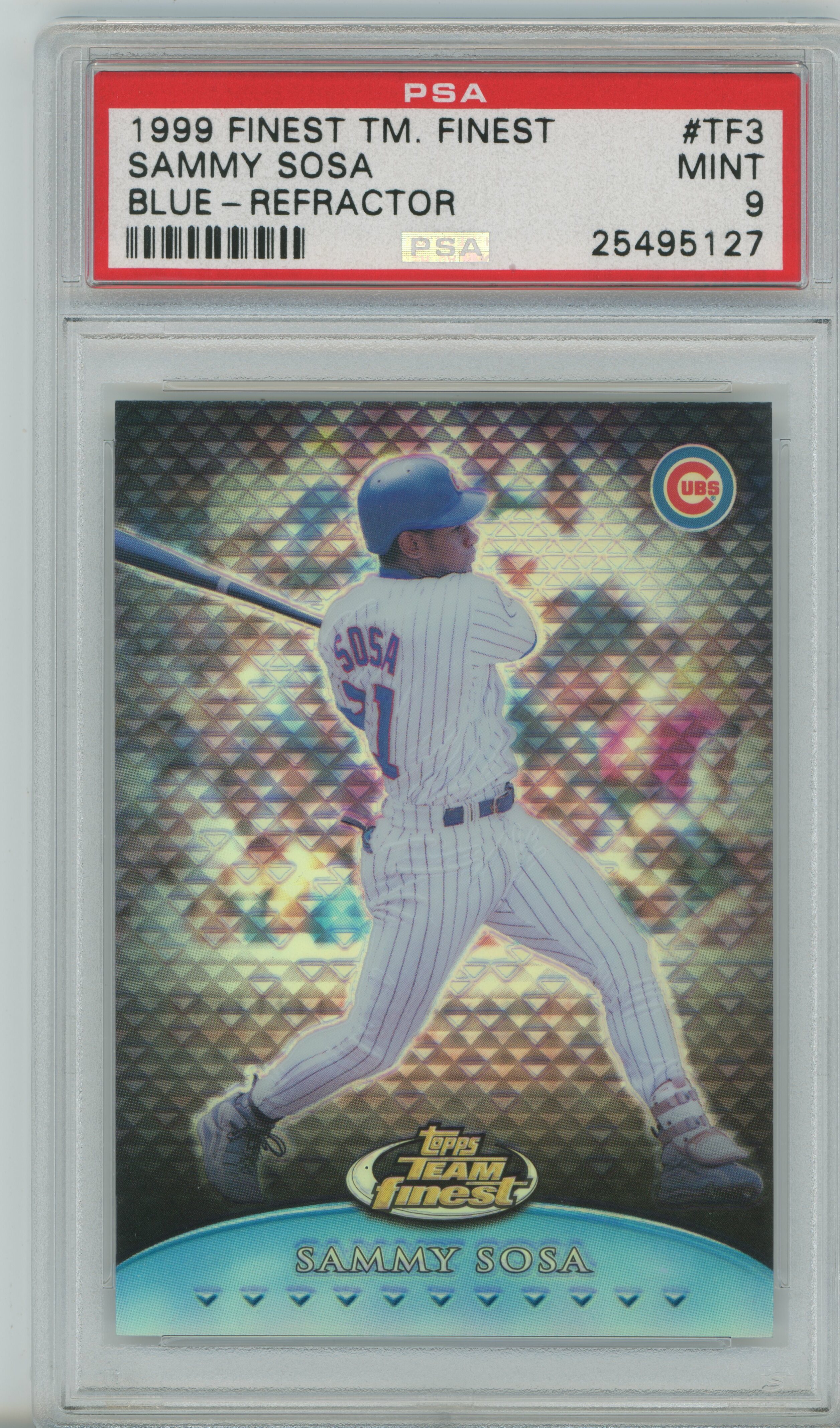 1999 Finest Team Finest Blue Refractor Sammy Sosa PSA 9