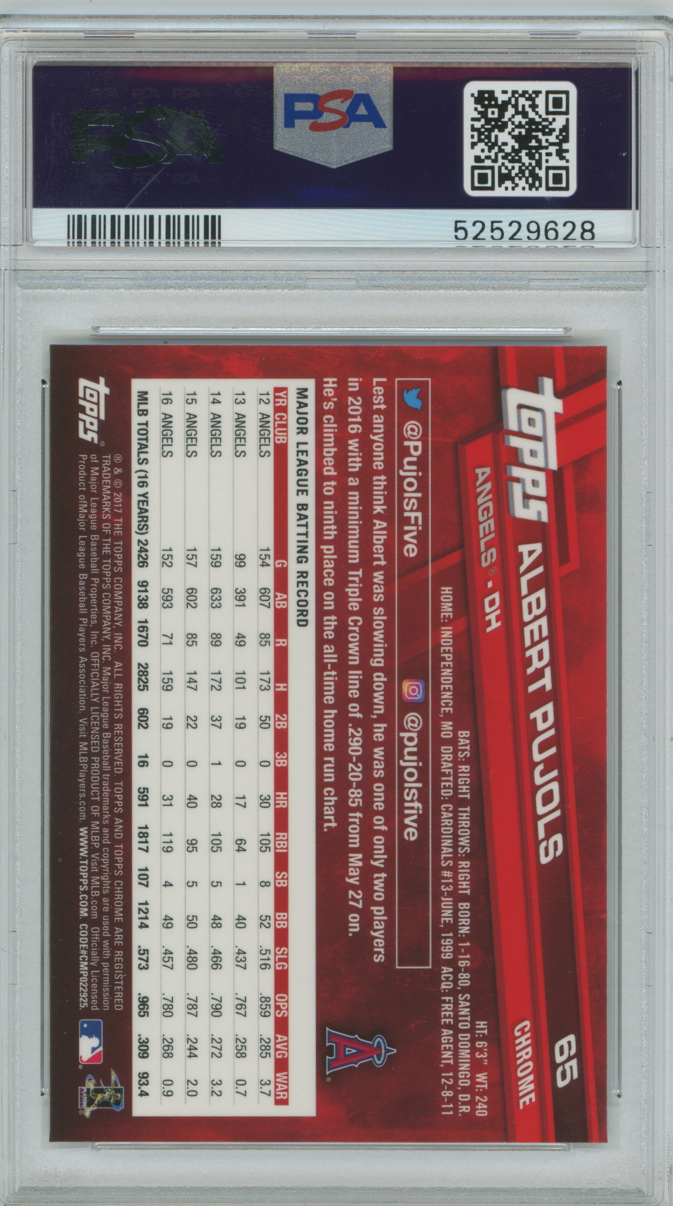 2017 Topps Chrome Prism Refractor Albert Pujols PSA 10