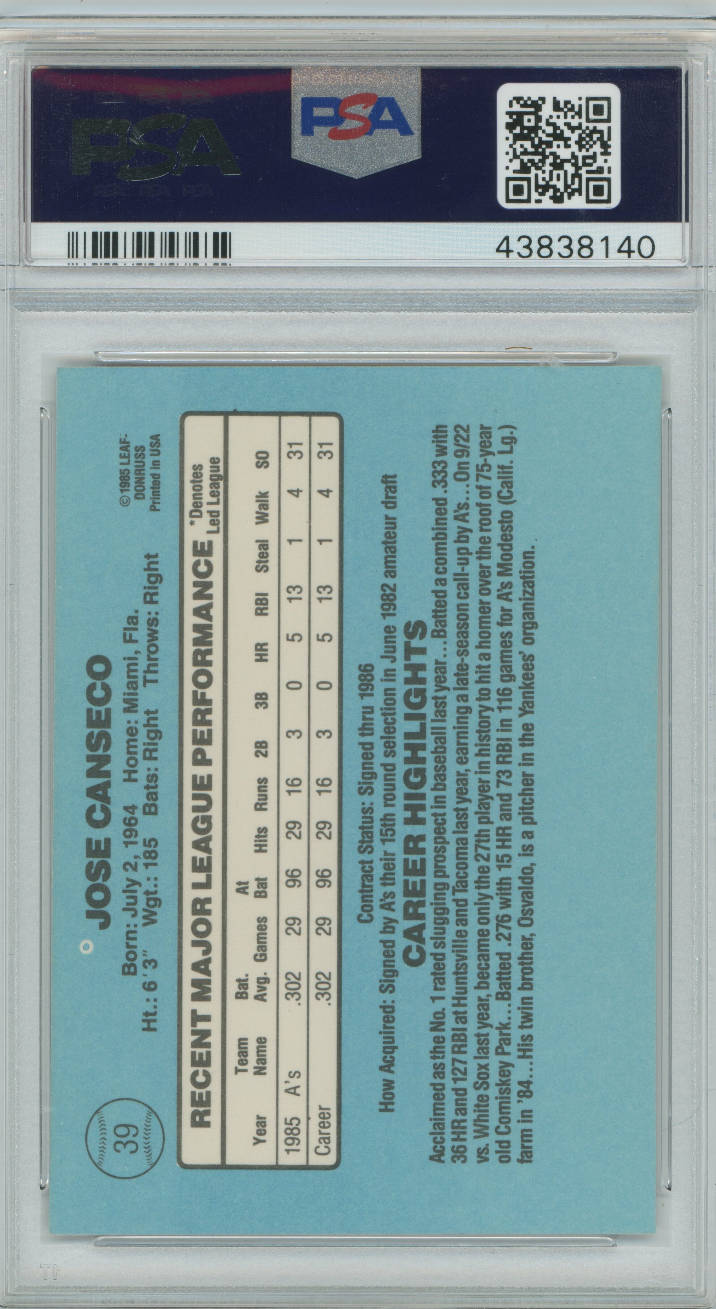 1986 Donruss Jose Canseco PSA 9