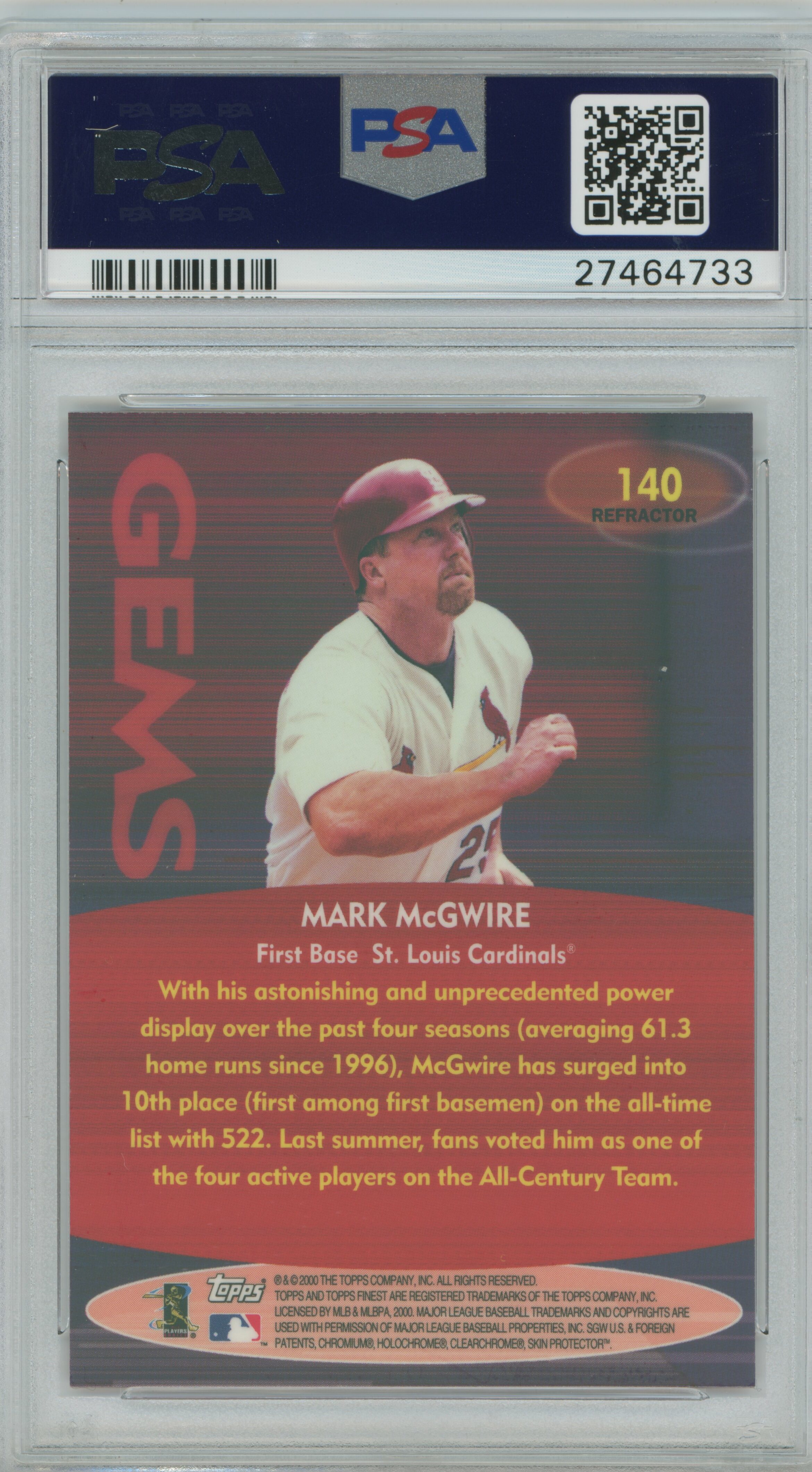 2000 Finest Refractor Mark McGwire PSA 10