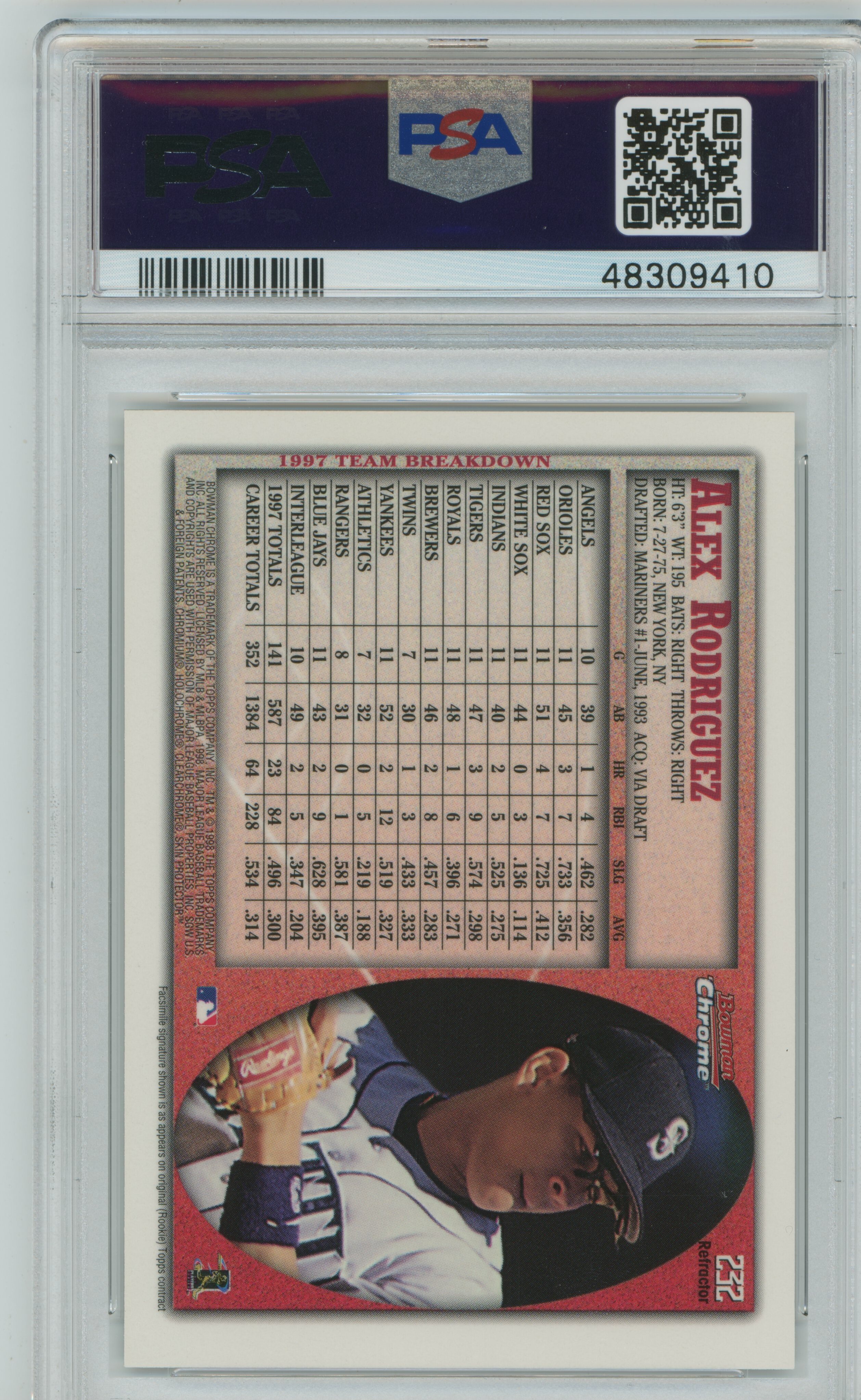 1998 Bowman Chrome Refractor Alex Rodriguez PSA 9