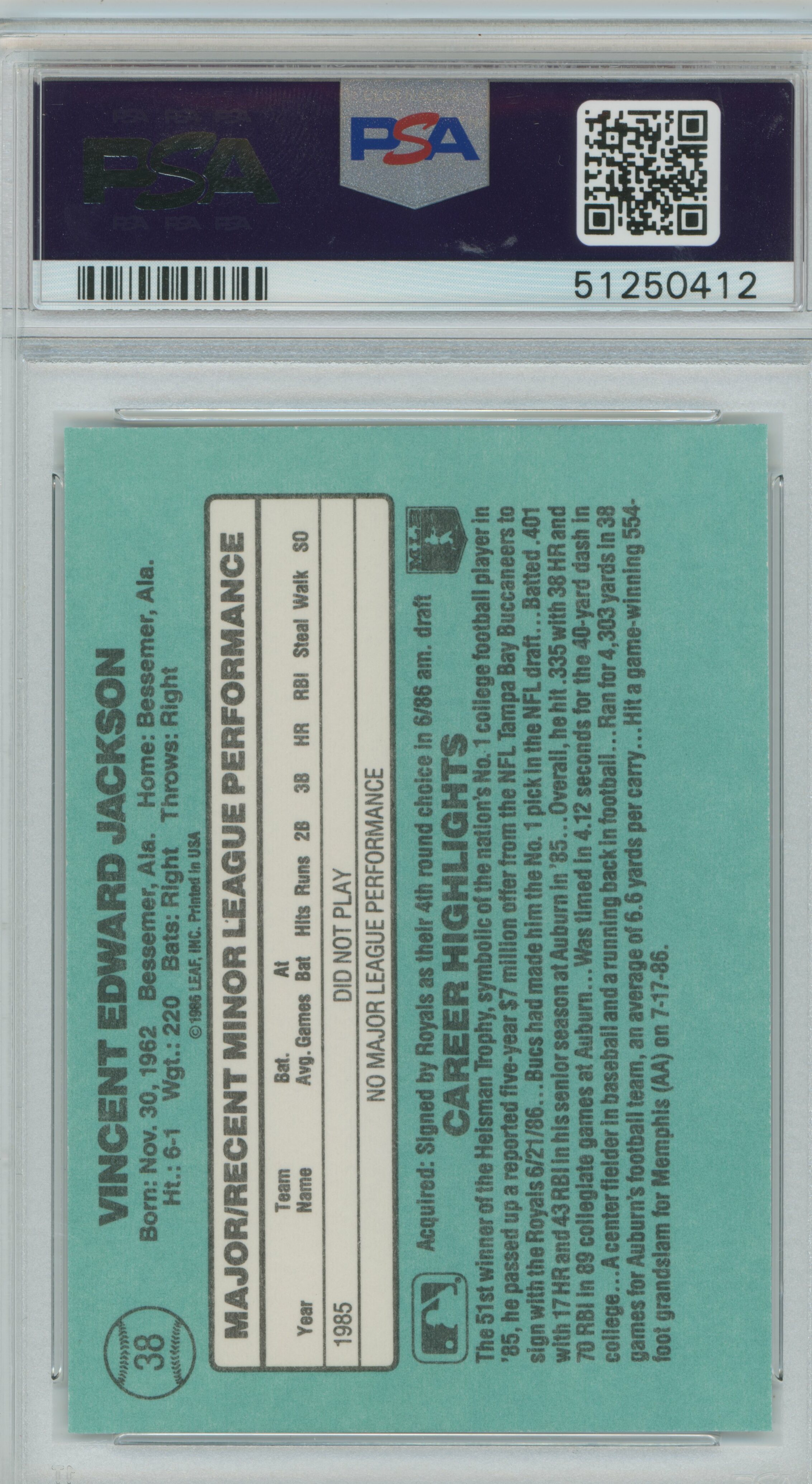 1986 Donruss RC Bo Jackson PSA 10