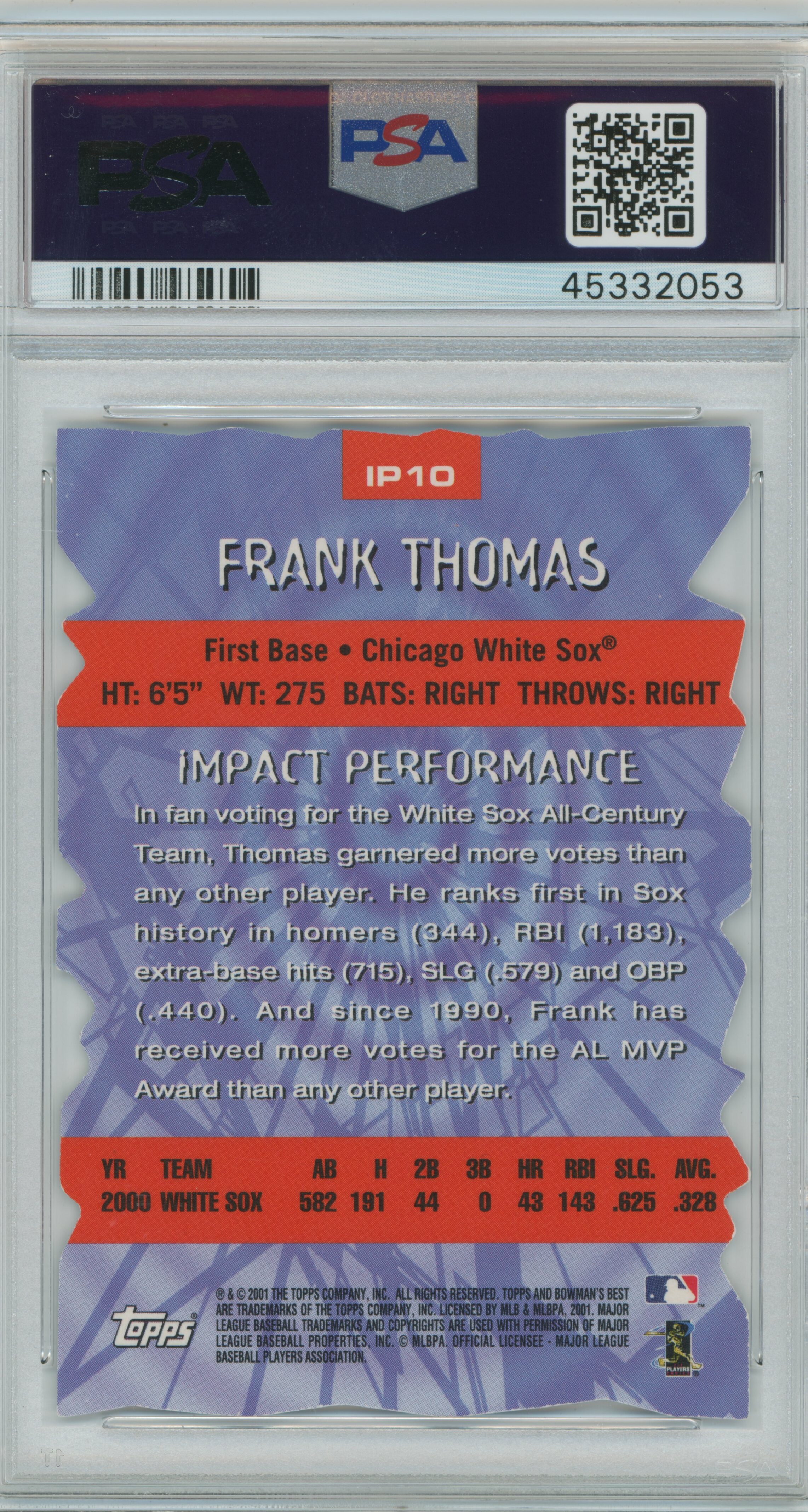 2001 Bowman's Best Impact Players Frank Thomas PSA 9