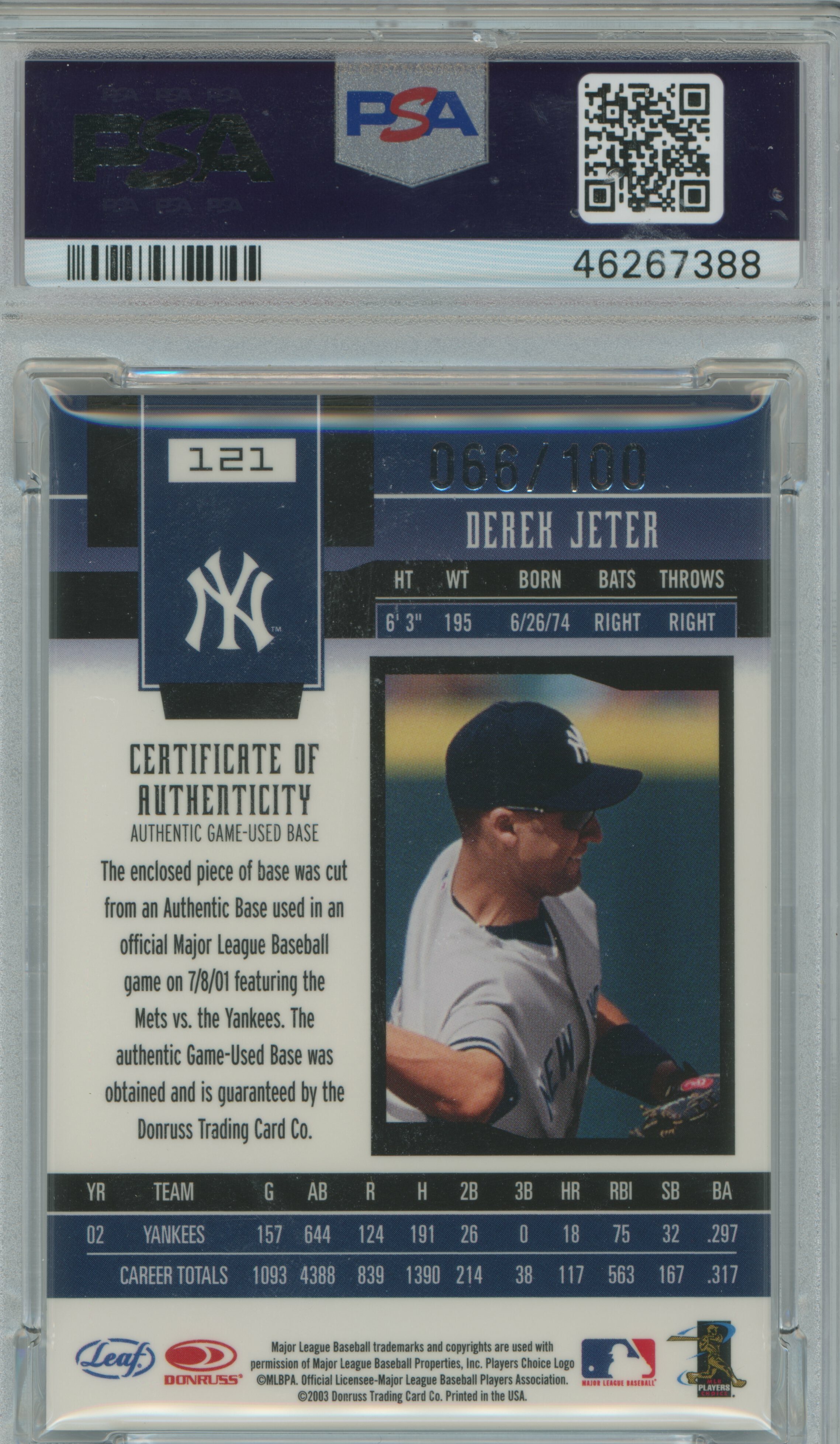 2003 Leaf Certified Materials Mirror Blue Material Derek Jeter PSA 9