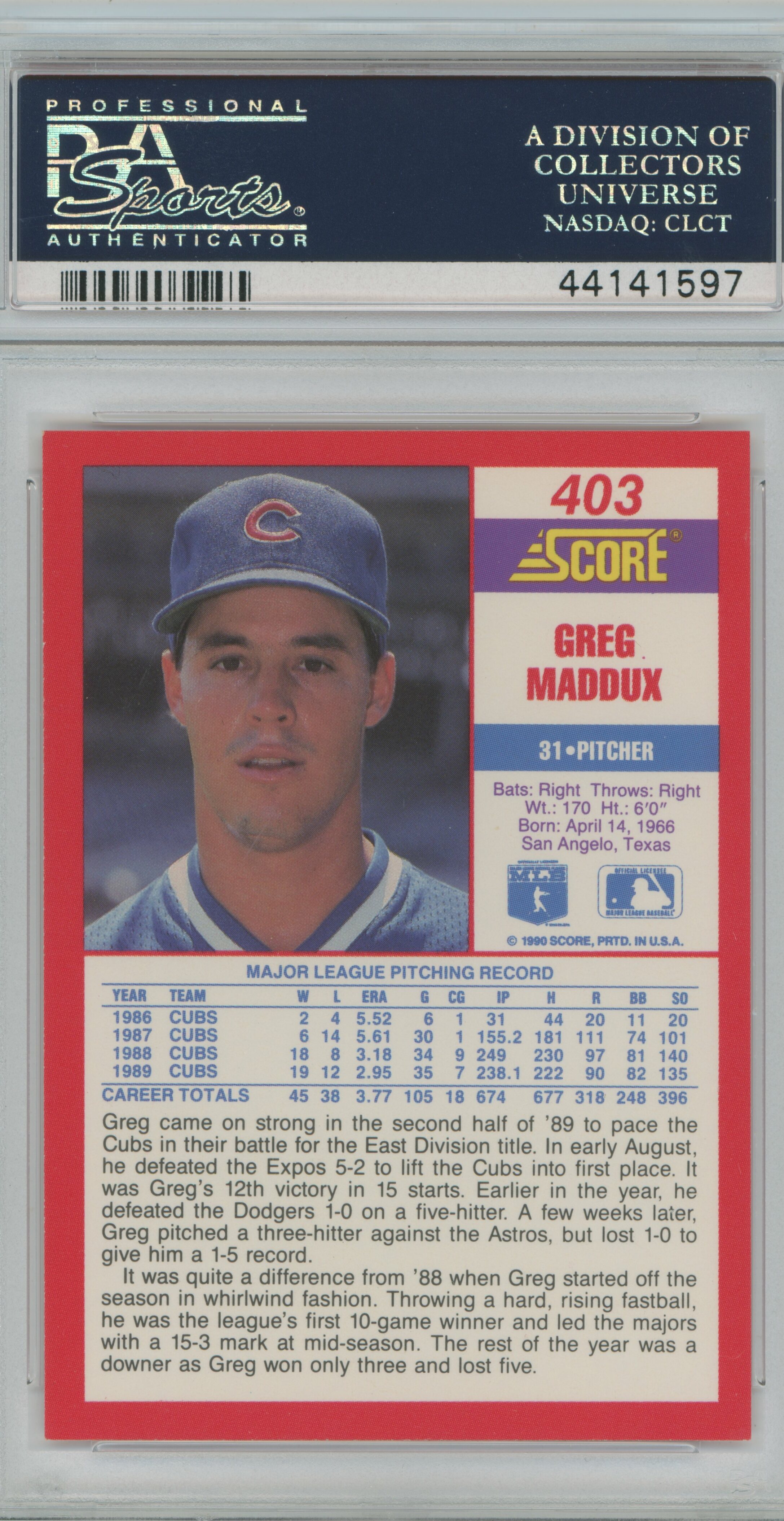 1990 Score Greg Maddux PSA 10