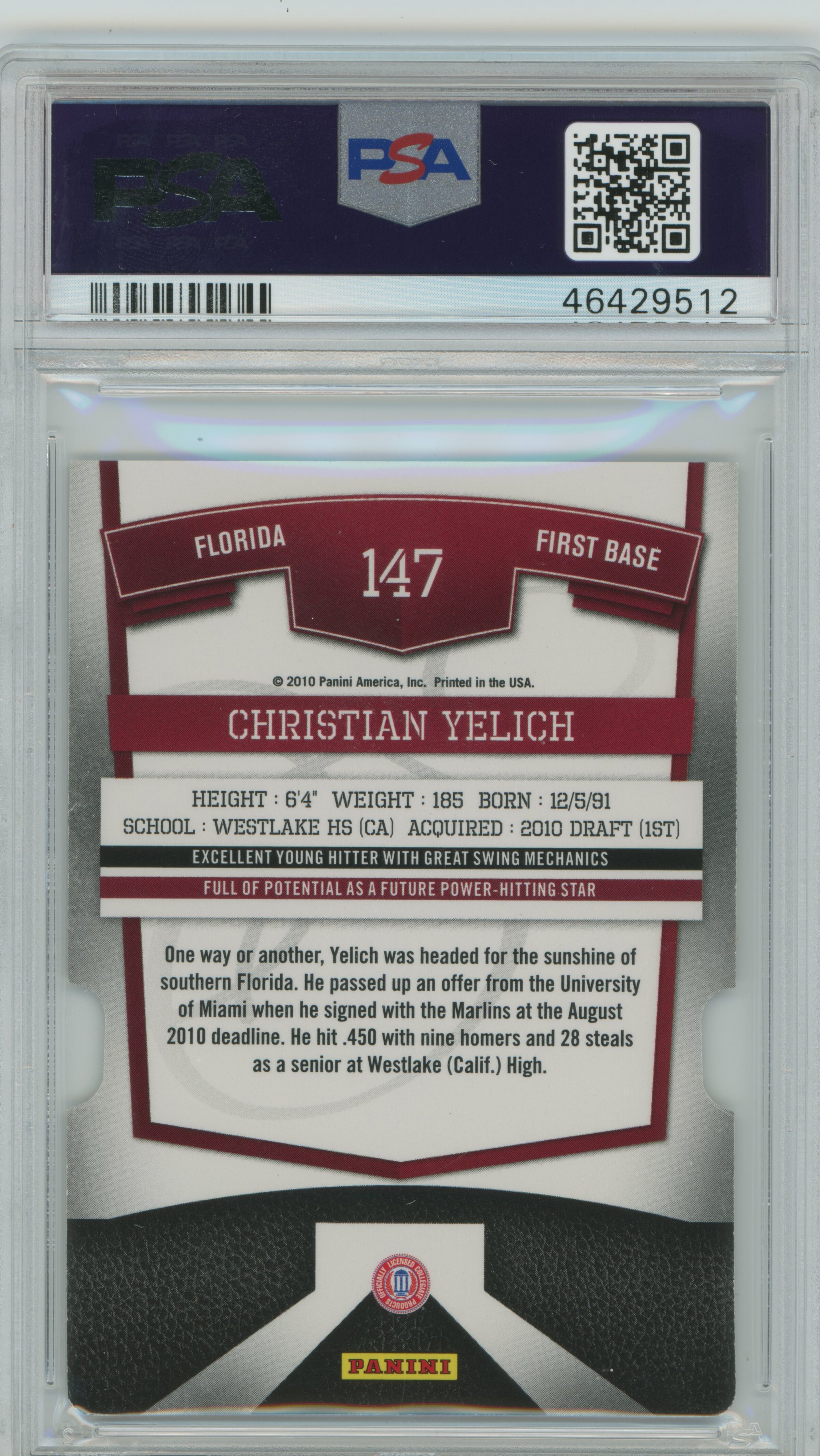 2010 Elite Extra Edition Aspirations RC Christian Yelich PSA 9