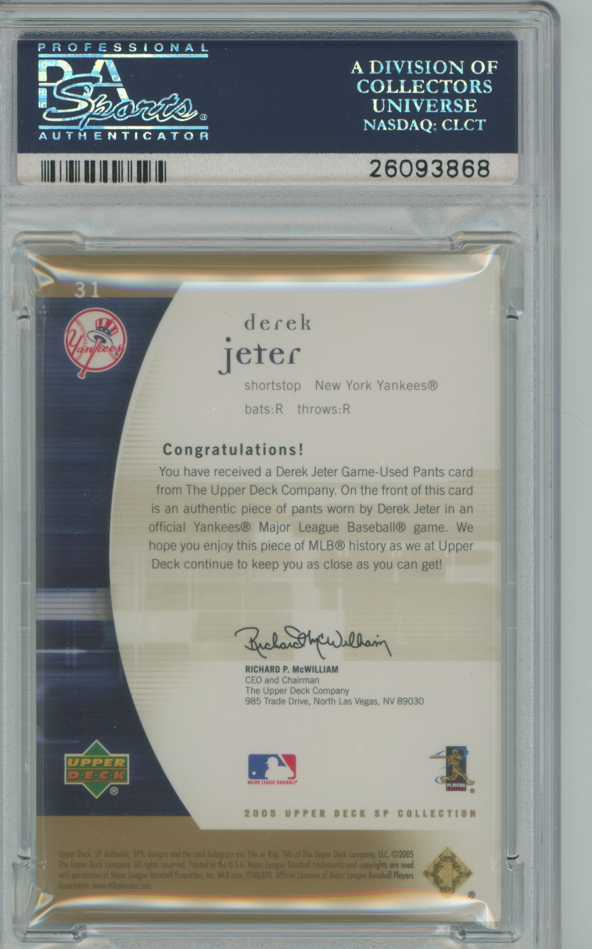 2005 SP Authentic Jersey Gold Derek Jeter PSA 8