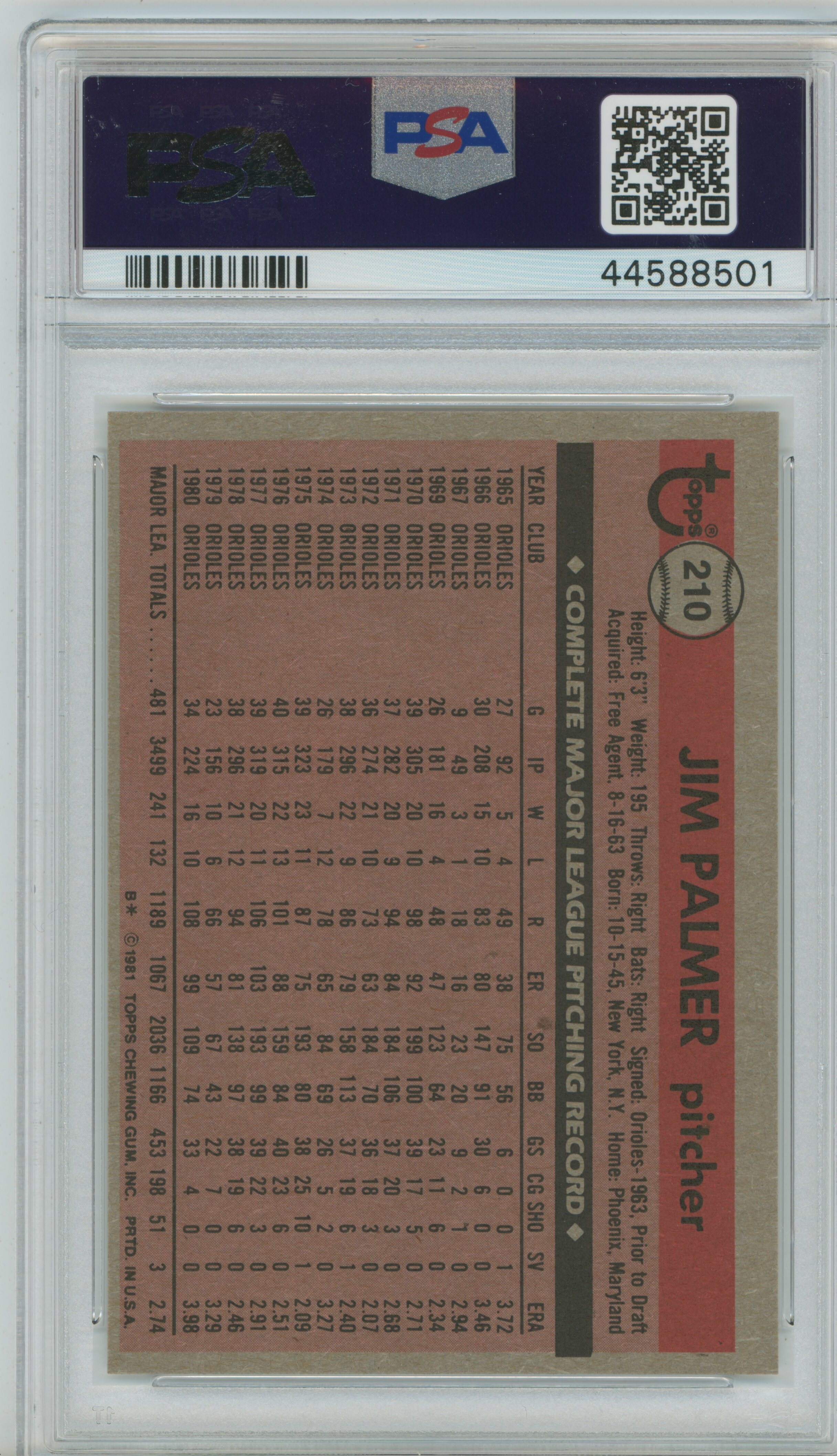 1981 Topps Jim Palmer PSA 9